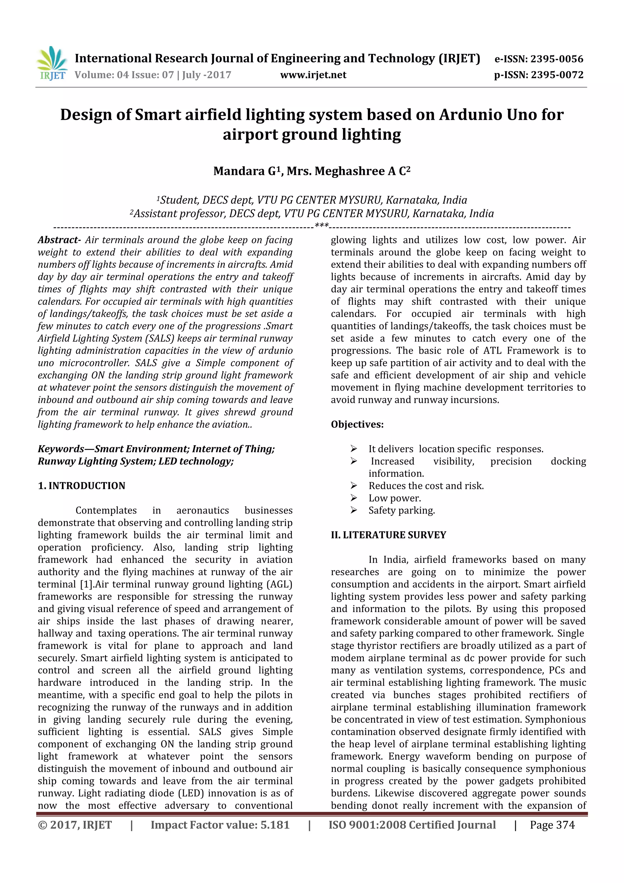 Design of Smart airfield lighting system based on Ardunio Uno for ...