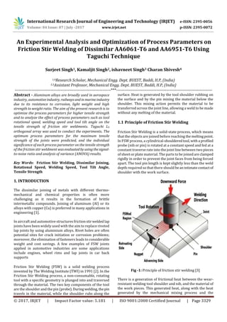 International Research Journal of Engineering and Technology (IRJET) e-ISSN: 2395-0056
Volume: 04 Issue: 07 | July -2017 www.irjet.net p-ISSN: 2395-0072
© 2017, IRJET | Impact Factor value: 5.181 | ISO 9001:2008 Certified Journal | Page 3329
An Experimental Analysis and Optimization of Process Parameters on
Friction Stir Welding of Dissimilar AA6061-T6 and AA6951-T6 Using
Taguchi Technique
Surjeet Singh1, Kamaljit Singh2, ishavneet Singh3 Charan Shivesh4
1,4Research Scholar, Mechanical Engg. Dept. BUEST, Baddi, H.P, (India)
2,3Assistant Professor, Mechanical Engg. Dept. BUEST, Baddi, H.P, (India)
---------------------------------------------------------------------***---------------------------------------------------------------------
Abstract - Aluminum alloys are broadly used in aerospace
industry, automotiveindustry,railwaysand in marineindustry
due to its resistance to corrosion, light weight and high
strength to weight ratio. The aim of the present research is to
optimize the process parameters for higher tensile strength
and to analyze the effect of process parameters such as tool
rotational speed, welding speed and tool tilt angle on the
tensile strength of friction stir weldments. Taguchi L9
orthogonal array was used to conduct the experiments. The
optimum process parameters for the maximum tensile
strength of the joints were predicted, and the individual
significance of each process parameter on the tensile strength
of the friction stir weldment wasevaluatedby usingthesignal-
to-noise ratio and analysis of variance (ANOVA) results.
Key Words: Friction Stir Welding, Dissimilar Joining,
Rotational Speed, Welding Speed, Tool Tilt Angle,
Tensile Strength
1. INTRODUCTION
The dissimilar joining of metals with different thermo-
mechanical and chemical properties is often more
challenging as it results in the formation of brittle
intermetallic compounds. Joining of aluminum (Al) or its
alloys with copper (Cu) is preferred in many applications in
engineering [1].
In aircraft and automotive structures frictionstir welded lap
joints have been widely used with the aim to replace riveted
lap joints by using aluminium alloys. Rivet holes are often
potential sites for crack initiation or corrosion problems;
moreover, the elimination of fasteners leads to considerable
weight and cost savings. A few examples of FSW joints
applied in automotive industries are some applications
include engines, wheel rims and lap joints in car back
supports
Friction Stir Welding (FSW) is a solid welding process
invented by The Welding Institute (TWI) in 1991 [2]. In the
Friction Stir Welding process, a non-consumable, rotating
tool with a specific geometry is plunged into and traversed
through the material. The two key components of the tool
are the shoulder and the pin (probe).During welding,thepin
travels in the material, while the shoulder rubs along the
surface. Heat is generated by the tool shoulder rubbing on
the surface and by the pin mixing the material below the
shoulder. This mixing action permits the material to be
transferred across the joint line, allowing a weld to be made
without any melting of the material.
1.1 Principle of Friction Stir Welding
Friction Stir Welding is a solid-state process, which means
that the objects are joined before reaching the meltingpoint.
In FSW process, a cylindrical-shoulderedtool,witha profiled
probe (nib or pin) is rotated at a constant speed and fed at a
constant traverse rate into the joint line between two pieces
of sheet or plate material. The parts to be joinedareclamped
rigidly in order to prevent the joint faces from being forced
apart. The tool pin length is kept slightly less than the weld
depth required so that there should beanintimatecontactof
shoulder with the work surface.
Fig -1: Principle of friction stir welding [3]
There is a generation of frictional heat between the wear-
resistant welding tool shoulder and nib, and the material of
the work pieces. This generated heat, along with the heat
generated by the mechanical mixing process and the
 