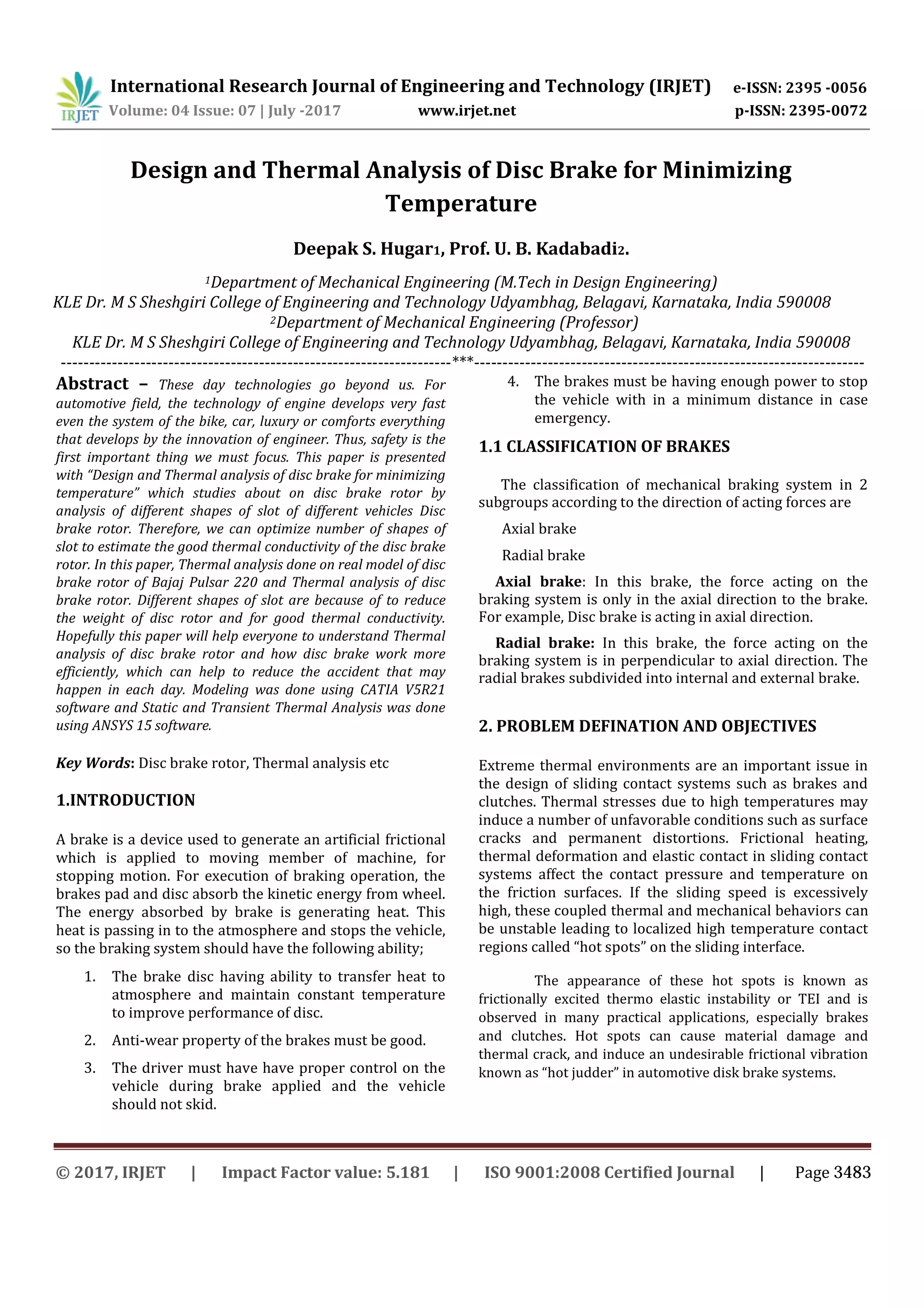 Design and Thermal Analysis of Disc Brake for Minimizing Temperature | PDF