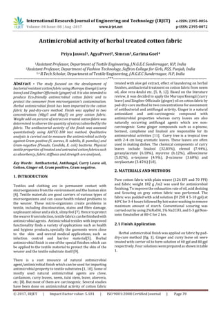 Antimicrobial Activity of Herbal Treated Cotton Fabric | PDF