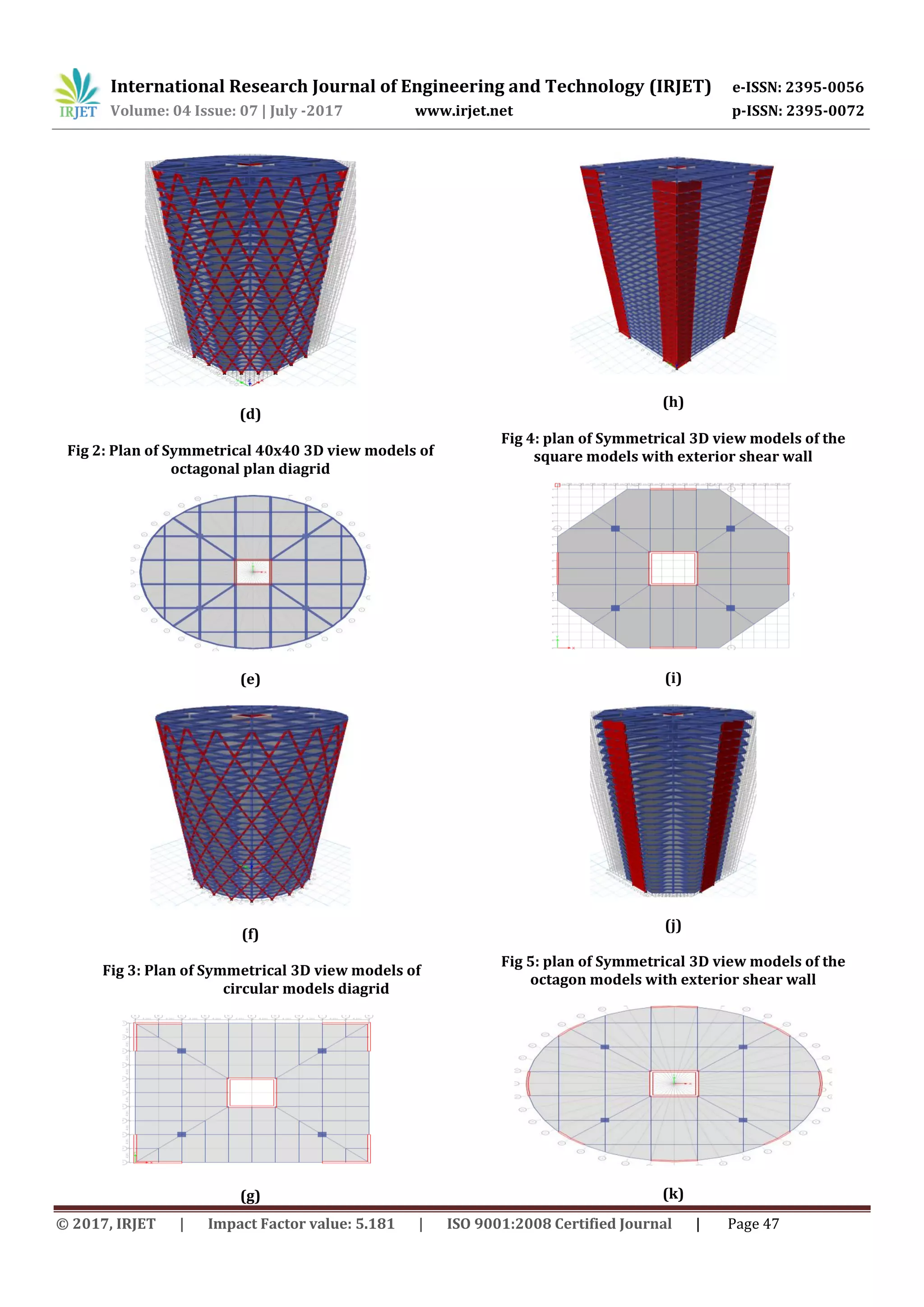 International Research Journal of Engineering and Technology (IRJET) e-ISSN: 2395-0056
Volume: 04 Issue: 07 | July -2017 www.irjet.net p-ISSN: 2395-0072
© 2017, IRJET | Impact Factor value: 5.181 | ISO 9001:2008 Certified Journal | Page 47
(d)
Fig 2: Plan of Symmetrical 40x40 3D view models of
octagonal plan diagrid
(e)
(f)
Fig 3: Plan of Symmetrical 3D view models of
circular models diagrid
(g)
(h)
Fig 4: plan of Symmetrical 3D view models of the
square models with exterior shear wall
(i)
(j)
Fig 5: plan of Symmetrical 3D view models of the
octagon models with exterior shear wall
(k)
 