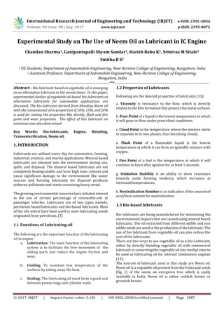 Experimental Study on the use of Neem Oil as Lubricant in IC Engine | PDF