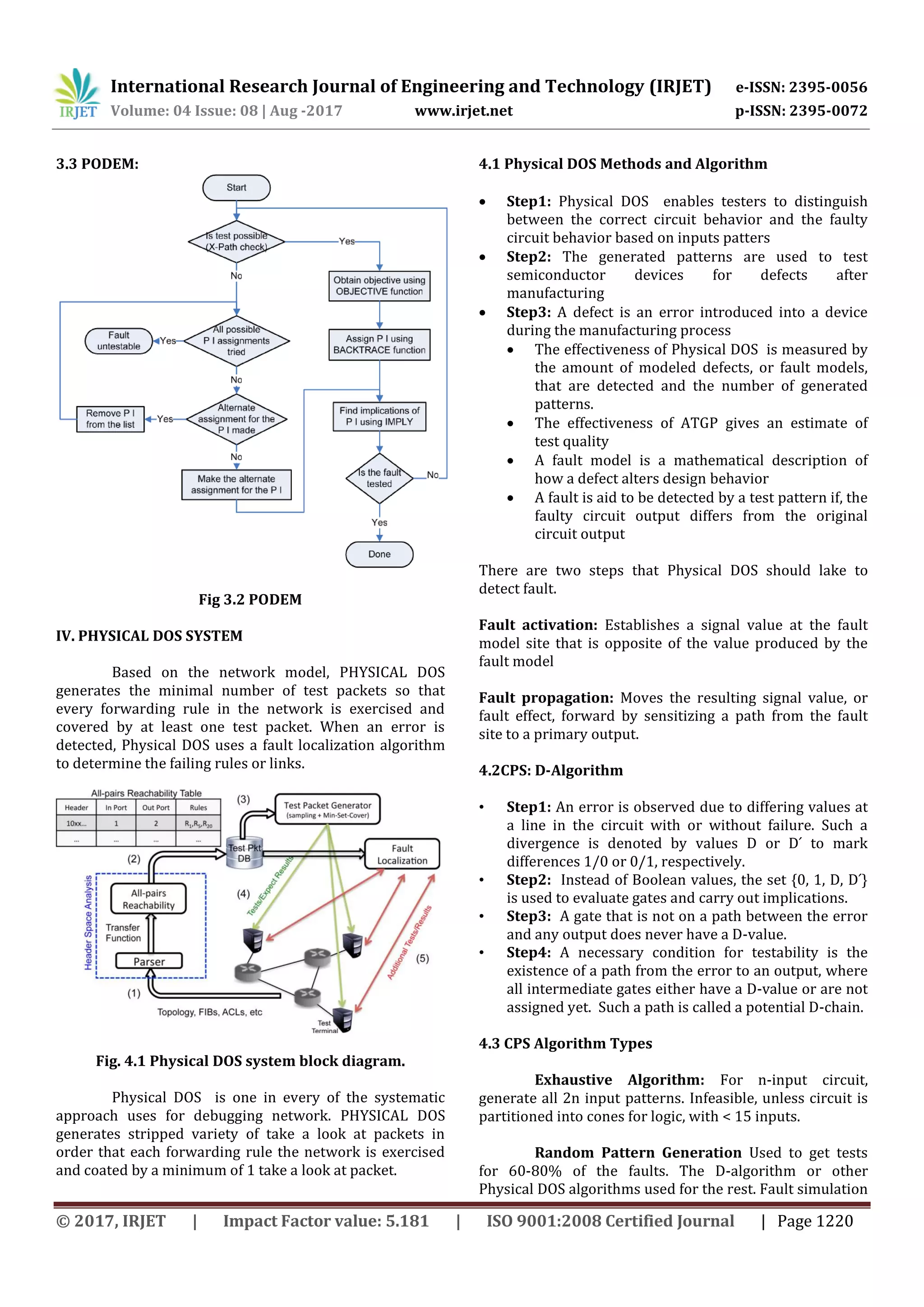 International Research Journal of Engineering and Technology (IRJET) e-ISSN: 2395-0056
Volume: 04 Issue: 08 | Aug -2017 www.irjet.net p-ISSN: 2395-0072
© 2017, IRJET | Impact Factor value: 5.181 | ISO 9001:2008 Certified Journal | Page 1220
3.3 PODEM:
Fig 3.2 PODEM
IV. PHYSICAL DOS SYSTEM
Based on the network model, PHYSICAL DOS
generates the minimal number of test packets so that
every forwarding rule in the network is exercised and
covered by at least one test packet. When an error is
detected, Physical DOS uses a fault localization algorithm
to determine the failing rules or links.
Fig. 4.1 Physical DOS system block diagram.
Physical DOS is one in every of the systematic
approach uses for debugging network. PHYSICAL DOS
generates stripped variety of take a look at packets in
order that each forwarding rule the network is exercised
and coated by a minimum of 1 take a look at packet.
4.1 Physical DOS Methods and Algorithm
 Step1: Physical DOS enables testers to distinguish
between the correct circuit behavior and the faulty
circuit behavior based on inputs patters
 Step2: The generated patterns are used to test
semiconductor devices for defects after
manufacturing
 Step3: A defect is an error introduced into a device
during the manufacturing process
 The effectiveness of Physical DOS is measured by
the amount of modeled defects, or fault models,
that are detected and the number of generated
patterns.
 The effectiveness of ATGP gives an estimate of
test quality
 A fault model is a mathematical description of
how a defect alters design behavior
 A fault is aid to be detected by a test pattern if, the
faulty circuit output differs from the original
circuit output
There are two steps that Physical DOS should lake to
detect fault.
Fault activation: Establishes a signal value at the fault
model site that is opposite of the value produced by the
fault model
Fault propagation: Moves the resulting signal value, or
fault effect, forward by sensitizing a path from the fault
site to a primary output.
4.2CPS: D-Algorithm
• Step1: An error is observed due to differing values at
a line in the circuit with or without failure. Such a
divergence is denoted by values or to mark
differences 1/0 or 0/1, respectively.
• Step2: Instead of oolean values, the set , 1, ,
is used to evaluate gates and carry out implications.
• Step3: A gate that is not on a path between the error
and any output does never have a D-value.
• Step4: A necessary condition for testability is the
existence of a path from the error to an output, where
all intermediate gates either have a D-value or are not
assigned yet. Such a path is called a potential D-chain.
4.3 CPS Algorithm Types
Exhaustive Algorithm: For n-input circuit,
generate all 2n input patterns. Infeasible, unless circuit is
partitioned into cones for logic, with < 15 inputs.
Random Pattern Generation Used to get tests
for 60-80% of the faults. The D-algorithm or other
Physical DOS algorithms used for the rest. Fault simulation
 