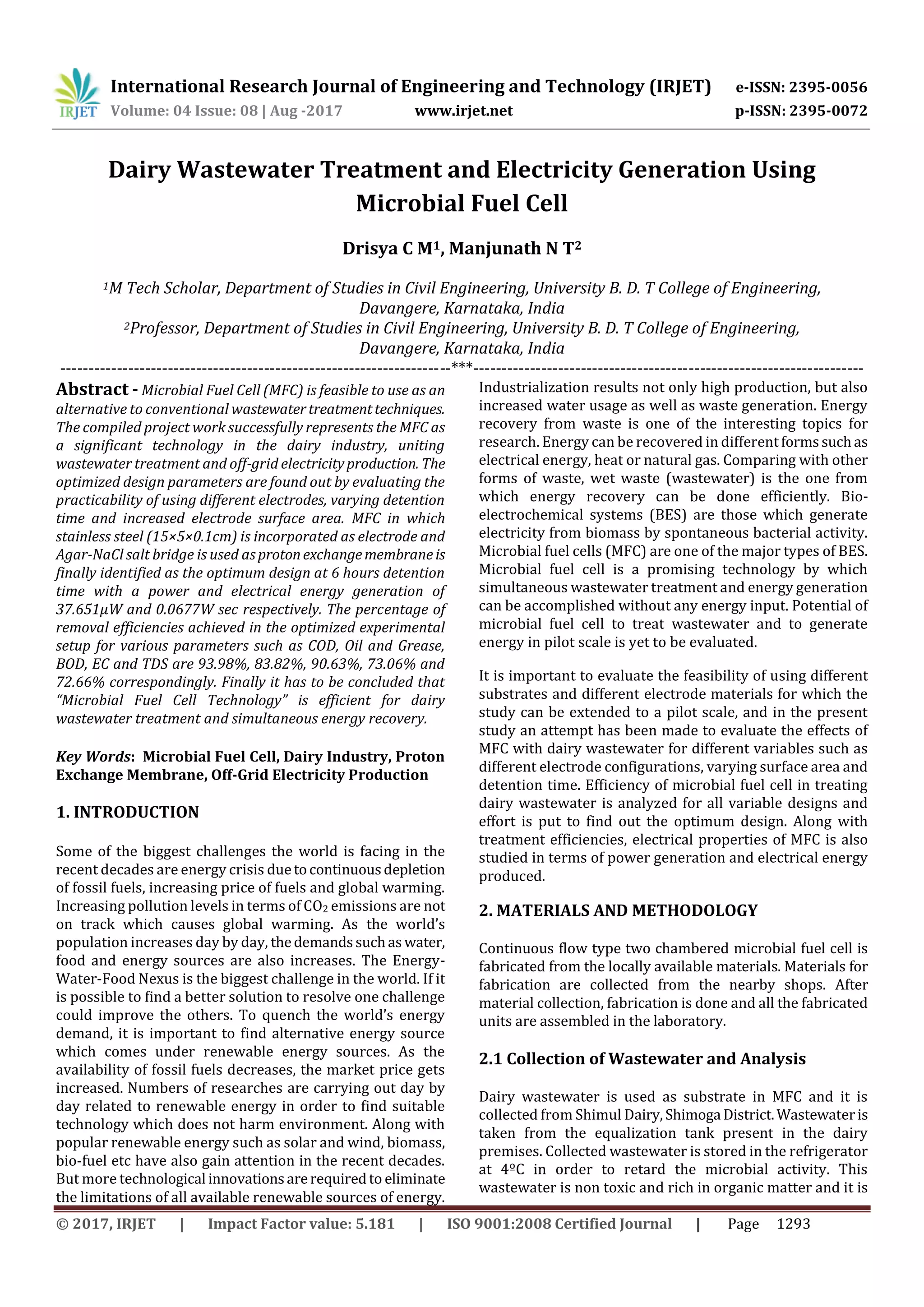 Dairy Wastewater Treatment and Electricity Generation using Microbial ...