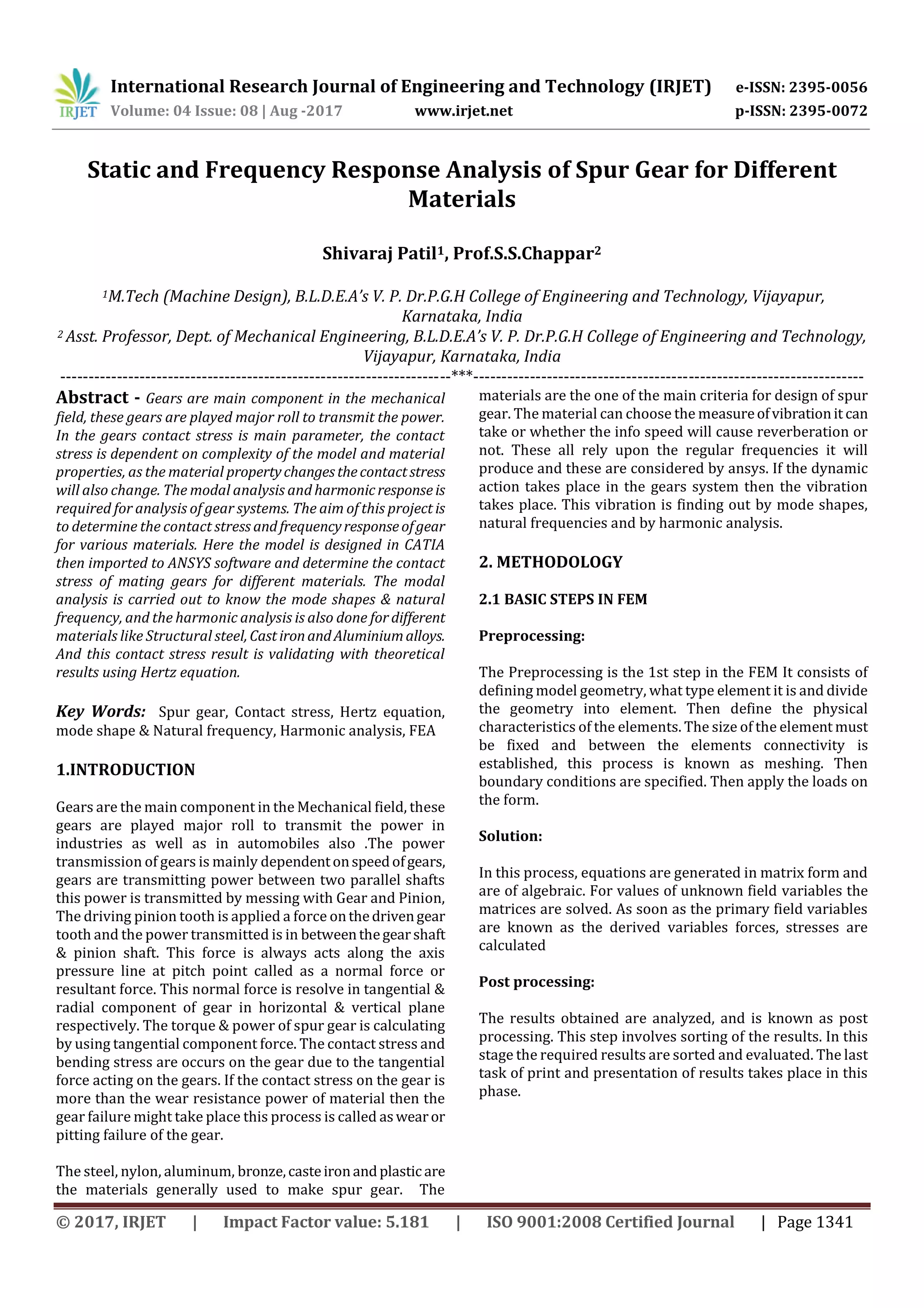 Static and Frequency Response Analysis of Spur Gear for Different ...
