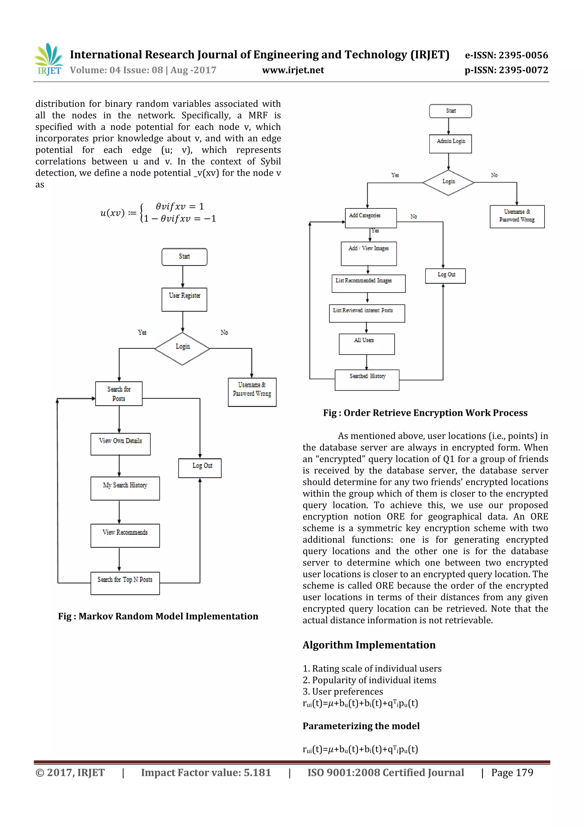 International Research Journal of Engineering and Technology (IRJET) e-ISSN: 2395-0056
Volume: 04 Issue: 08 | Aug -2017 www.irjet.net p-ISSN: 2395-0072
© 2017, IRJET | Impact Factor value: 5.181 | ISO 9001:2008 Certified Journal | Page 179
distribution for binary random variables associated with
all the nodes in the network. Specifically, a MRF is
specified with a node potential for each node v, which
incorporates prior knowledge about v, and with an edge
potential for each edge (u; v), which represents
correlations between u and v. In the context of Sybil
detection, we define a node potential _v(xv) for the node v
as
( ) {
Fig : Markov Random Model Implementation
Fig : Order Retrieve Encryption Work Process
As mentioned above, user locations (i.e., points) in
the database server are always in encrypted form. When
an “encrypted” query location of Q1 for a group of friends
is received by the database server, the database server
should determine for any two friends’ encrypted locations
within the group which of them is closer to the encrypted
query location. To achieve this, we use our proposed
encryption notion ORE for geographical data. An ORE
scheme is a symmetric key encryption scheme with two
additional functions: one is for generating encrypted
query locations and the other one is for the database
server to determine which one between two encrypted
user locations is closer to an encrypted query location. The
scheme is called ORE because the order of the encrypted
user locations in terms of their distances from any given
encrypted query location can be retrieved. Note that the
actual distance information is not retrievable.
Algorithm Implementation
1. Rating scale of individual users
2. Popularity of individual items
3. User preferences
rui(t)= +bu(t)+bi(t)+qT
ipu(t)
Parameterizing the model
rui(t)= +bu(t)+bi(t)+qT
ipu(t)
 