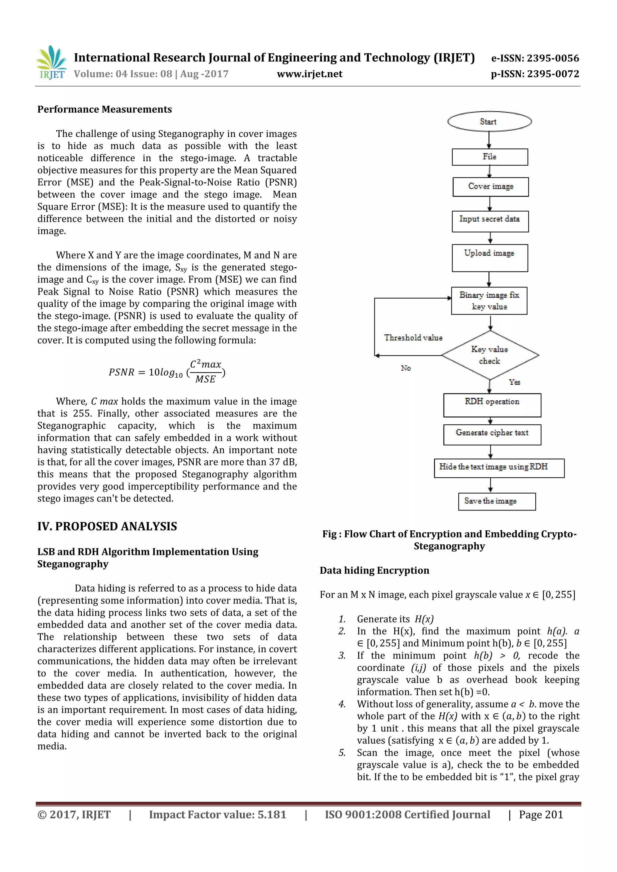 International Research Journal of Engineering and Technology (IRJET) e-ISSN: 2395-0056
Volume: 04 Issue: 08 | Aug -2017 www.irjet.net p-ISSN: 2395-0072
© 2017, IRJET | Impact Factor value: 5.181 | ISO 9001:2008 Certified Journal | Page 201
Performance Measurements
The challenge of using Steganography in cover images
is to hide as much data as possible with the least
noticeable difference in the stego-image. A tractable
objective measures for this property are the Mean Squared
Error (MSE) and the Peak-Signal-to-Noise Ratio (PSNR)
between the cover image and the stego image. Mean
Square Error (MSE): It is the measure used to quantify the
difference between the initial and the distorted or noisy
image.
Where X and Y are the image coordinates, M and N are
the dimensions of the image, Sxy is the generated stego-
image and Cxy is the cover image. From (MSE) we can find
Peak Signal to Noise Ratio (PSNR) which measures the
quality of the image by comparing the original image with
the stego-image. (PSNR) is used to evaluate the quality of
the stego-image after embedding the secret message in the
cover. It is computed using the following formula:
( )
Where, C max holds the maximum value in the image
that is 255. Finally, other associated measures are the
Steganographic capacity, which is the maximum
information that can safely embedded in a work without
having statistically detectable objects. An important note
is that, for all the cover images, PSNR are more than 37 dB,
this means that the proposed Steganography algorithm
provides very good imperceptibility performance and the
stego images can't be detected.
IV. PROPOSED ANALYSIS
LSB and RDH Algorithm Implementation Using
Steganography
Data hiding is referred to as a process to hide data
(representing some information) into cover media. That is,
the data hiding process links two sets of data, a set of the
embedded data and another set of the cover media data.
The relationship between these two sets of data
characterizes different applications. For instance, in covert
communications, the hidden data may often be irrelevant
to the cover media. In authentication, however, the
embedded data are closely related to the cover media. In
these two types of applications, invisibility of hidden data
is an important requirement. In most cases of data hiding,
the cover media will experience some distortion due to
data hiding and cannot be inverted back to the original
media.
Fig : Flow Chart of Encryption and Embedding Crypto-
Steganography
Data hiding Encryption
For an M x N image, each pixel grayscale value x , -
1. Generate its H(x)
2. In the H(x), find the maximum point h(a). a
, - and Minimum point h(b), b , -
3. If the minimum point h(b) > 0, recode the
coordinate (i,j) of those pixels and the pixels
grayscale value b as overhead book keeping
information. Then set h(b) =0.
4. Without loss of generality, assume a < b. move the
whole part of the H(x) with x ( ) to the right
by 1 unit . this means that all the pixel grayscale
values (satisfying x ( ) are added by 1.
5. Scan the image, once meet the pixel (whose
grayscale value is a), check the to be embedded
bit. If the to be embedded bit is “1”, the pixel gray
 