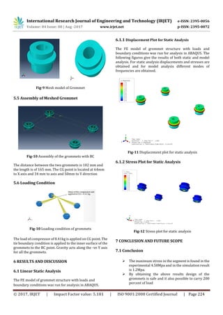 International Research Journal of Engineering and Technology (IRJET) e-ISSN: 2395-0056
Volume: 04 Issue: 08 | Aug -2017 www.irjet.net p-ISSN: 2395-0072
© 2017, IRJET | Impact Factor value: 5.181 | ISO 9001:2008 Certified Journal | Page 224
Fig-9 Mesh model of Grommet
5.5 Assembly of Meshed Grommet
Fig-10 Assembly of the grommets with BC
The distance between the two grommets is 102 mm and
the length is of 165 mm. The CG point is located at 64mm
to X axis and 34 mm to axis and 50mm to Y direction
5.6 Loading Condition
Fig-10 Loading condition of grommets
The load of compressor of 8.41kg is applied on CG point. The
tie boundary condition is applied to the inner surface of the
grommets to the BC point. Gravity acts along the -ve Y axis
for all the grommets.
6 RESULTS AND DISCUSSION
6.1 Linear Static Analysis
The FE model of grommet structure with loads and
boundary conditions was run for analysis in ABAQUS.
6.1.1 Displacement Plot for Static Analysis
The FE model of grommet structure with loads and
boundary conditions was run for analysis in ABAQUS. The
following figures give the results of both static and model
analysis. For static analysis displacements and stresses are
obtained and for model analysis different modes of
frequencies are obtained.
Fig-11 Displacement plot for static analysis
6.1.2 Stress Plot for Static Analysis
Fig-12 Stress plot for static analysis
7 CONCLUSION AND FUTURE SCOPE
7.1 Conclusion
 The maximum stress in the segment is found in the
experimental 4.58Mpa and in the simulation result
is 1.2Mpa.
 By obtaining the above results design of the
grommets is safe and it also possible to carry 200
percent of load
 