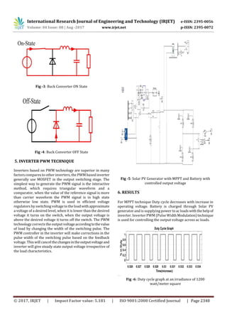International Research Journal of Engineering and Technology (IRJET) e-ISSN: 2395-0056
Volume: 04 Issue: 08 | Aug -2017 www.irjet.net p-ISSN: 2395-0072
© 2017, IRJET | Impact Factor value: 5.181 | ISO 9001:2008 Certified Journal | Page 2348
Fig -3: Buck Converter ON State
Fig -4: Buck Converter OFF State
5. INVERTER PWM TECHNIQUE
Inverters based on PWM technology are superior in many
factors compares to other inverters, the PWM based inverter
generally use MOSFET in the output switching stage. The
simplest way to generate the PWM signal is the interactive
method, which requires triangular waveform and a
comparator, when the value of the reference signal is more
than carrier waveform the PWM signal is in high state
otherwise low state. PWM is used in efficient voltage
regulators by switching voltage to the loadwithapproximate
a voltage of a desired level, when it is lower than the desired
voltage it turns on the switch, when the output voltage is
above the desired voltage it turns off the switch. The PWM
technology corrects the output voltageaccordingtothevalue
of load by changing the width of the switching pulse. The
PWM controller in the inverter will make corrections in the
pulse width of the switching pulse based on the feedback
voltage. This will cancel thechangesintheoutputvoltageand
inverter will give steady state output voltage irrespective of
the load characteristics.
Fig -5: Solar PV Generator with MPPT and Battery with
controlled output voltage
6. RESULTS
For MPPT technique Duty cycle decreases with increase in
operating voltage. Battery is charged through Solar PV
generator and is supplying power to acloads withthehelpof
inverter. Inverter PWM (Pulse WidthModulation) technique
is used for controlling the output voltage across ac loads.
Fig -6: Duty cycle graph at an irradiance of 1200
watt/meter square
 