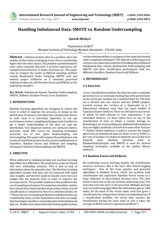 Handling Imbalanced Data: SMOTE vs. Random Undersampling | PDF