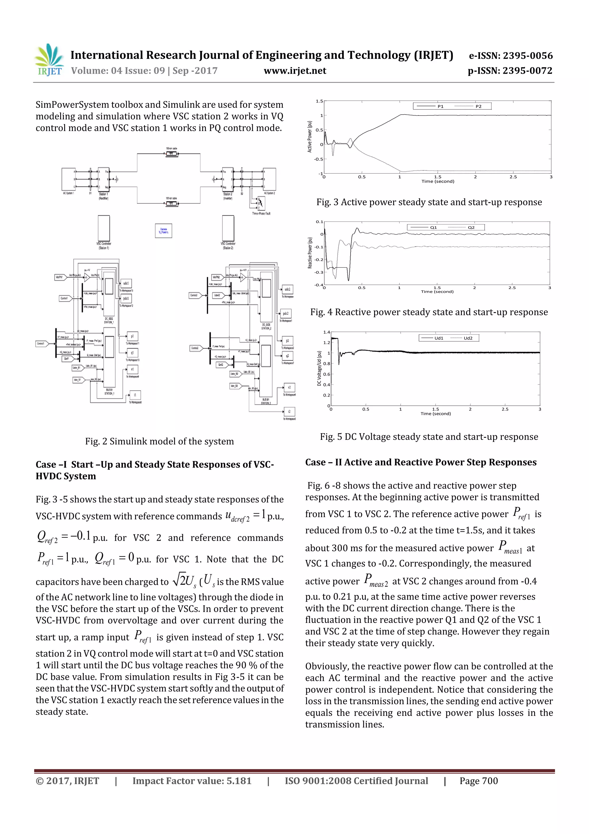 International Research Journal of Engineering and Technology (IRJET) e-ISSN: 2395-0056
Volume: 04 Issue: 09 | Sep -2017 www.irjet.net p-ISSN: 2395-0072
© 2017, IRJET | Impact Factor value: 5.181 | ISO 9001:2008 Certified Journal | Page 700
SimPowerSystem toolbox and Simulink are used for system
modeling and simulation where VSC station 2 works in VQ
control mode and VSC station 1 works in PQ control mode.
Fig. 2 Simulink model of the system
Case –I Start –Up and Steady State Responses of VSC-
HVDC System
Fig. 3 -5 shows the start up and steady state responses ofthe
VSC-HVDC system with reference commands 2 1dcrefu  p.u.,
2 0.1refQ   p.u. for VSC 2 and reference commands
1 1refP  p.u., 1 0refQ  p.u. for VSC 1. Note that the DC
capacitors have been charged to 2 sU ( sU is the RMS value
of the AC network line to line voltages) through the diode in
the VSC before the start up of the VSCs. In order to prevent
VSC-HVDC from overvoltage and over current during the
start up, a ramp input 1refP is given instead of step 1. VSC
station 2 in VQ control mode will start at t=0 and VSC station
1 will start until the DC bus voltage reaches the 90 % of the
DC base value. From simulation results in Fig 3-5 it can be
seen that the VSC-HVDC system start softly andtheoutputof
the VSC station 1 exactly reach thesetreferencevaluesinthe
steady state.
0 0.5 1 1.5 2 2.5 3
-1
-0.5
0
0.5
1
1.5
Time (second)
ActivePower(pu)
P1 P2
Fig. 3 Active power steady state and start-up response
0 0.5 1 1.5 2 2.5 3
-0.4
-0.3
-0.2
-0.1
0
0.1
Time (second)
ReactivePower(pu)
Q1 Q2
Fig. 4 Reactive power steady state and start-up response
0 0.5 1 1.5 2 2.5 3
0
0.2
0.4
0.6
0.8
1
1.2
1.4
Time (second)
DCVoltage/Ud(pu)
Ud1 Ud2
Fig. 5 DC Voltage steady state and start-up response
Case – II Active and Reactive Power Step Responses
Fig. 6 -8 shows the active and reactive power step
responses. At the beginning active power is transmitted
from VSC 1 to VSC 2. The reference active power 1refP is
reduced from 0.5 to -0.2 at the time t=1.5s, and it takes
about 300 ms for the measured active power 1measP at
VSC 1 changes to -0.2. Correspondingly, the measured
active power 2measP at VSC 2 changes around from -0.4
p.u. to 0.21 p.u, at the same time active power reverses
with the DC current direction change. There is the
fluctuation in the reactive power Q1 and Q2 of the VSC 1
and VSC 2 at the time of step change. However they regain
their steady state very quickly.
Obviously, the reactive power flow can be controlled at the
each AC terminal and the reactive power and the active
power control is independent. Notice that considering the
loss in the transmission lines, the sending end active power
equals the receiving end active power plus losses in the
transmission lines.
 
