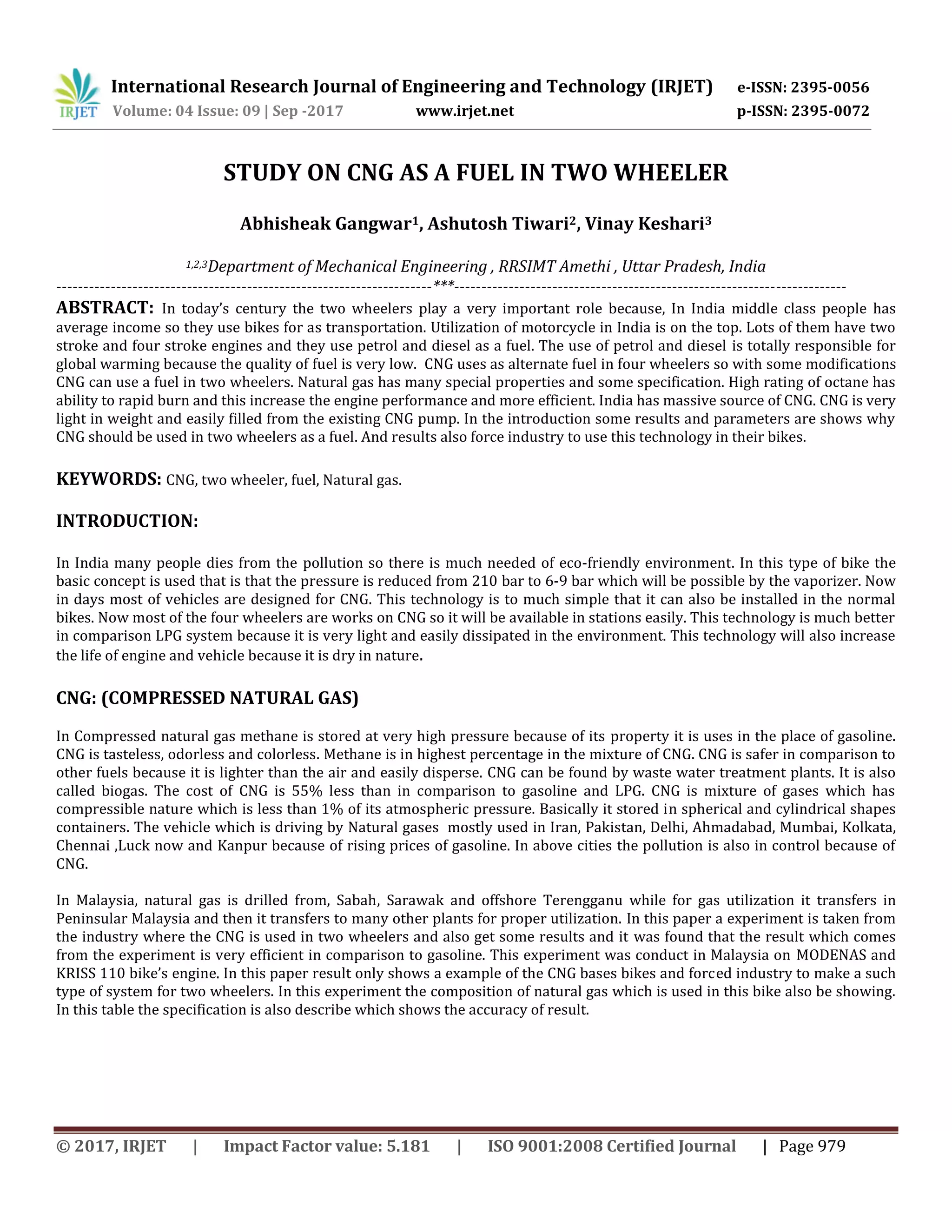 Study on CNG as a Fuel in Two Wheeler | PDF