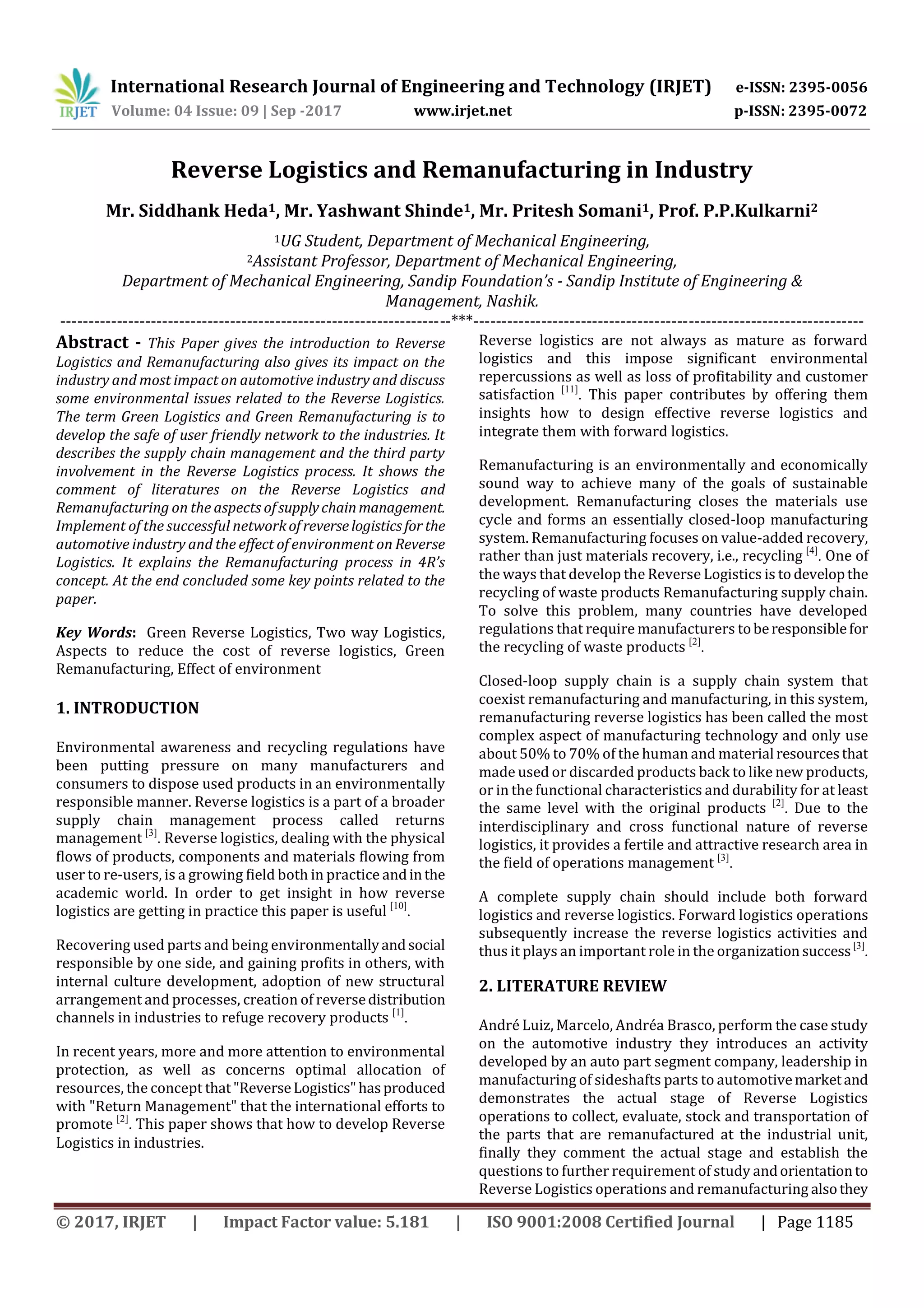 Reverse Logistics and Remanufacturing in Industry | PDF