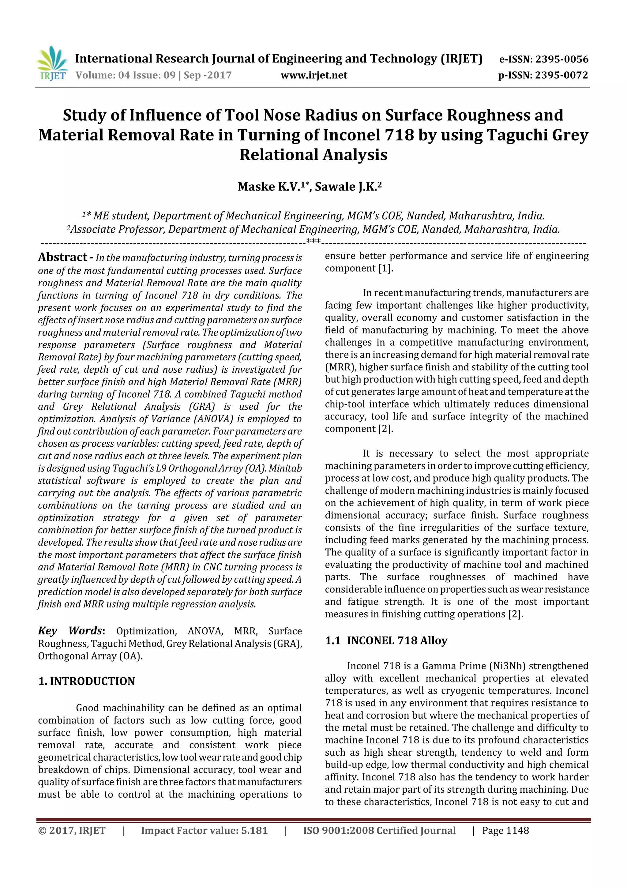 Study of Influence of Tool Nose Radius on Surface Roughness and