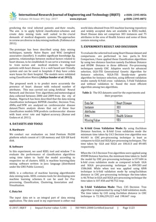 International Research Journal of Engineering and Technology (IRJET) e-ISSN: 2395-0056
Volume: 04 Issue: 09 | Sep -2017 www.irjet.net p-ISSN: 2395-0072
© 2017, IRJET | Impact Factor value: 5.181 | ISO 9001:2008 Certified Journal | Page 1123
predicting the viral infected patients and their results.
The aim is to apply hybrid classification schemes and
create data mining tools well suited to the crucial
demands of medical diagnostic systems. The approaches
in review are diverse in data mining methods.(Fathima etal.
2011).
The prototype has been described using data mining
techniques, namely Naïve Bayes and WAC (weighted
associative classifier). It enables significant knowledge .Eg.
patterns, relationships between medical factors related to
heart disease, to be established. It can serve a training tool
to train nurses and medical students to diagnose
patients with heart disease. It is a web based user friendly
system and can be used in hospitals if they have a data
ware house for their hospital. The models were validated
using Classification Matrix (Aditya Sunder et al. 2012).
The proposed work is to predict more accurately the
presence of heart disease with reduced number of
attributes. This was carried out using Artificial Neural
Network and Decision Tree algorithms andmeteorological
data collected between 2000 and 2009 from the city of
Ibadan, Nigeria.It has been described that the data mining
classification techniques RIPPER classifier, Decision Tree,
ANNs, and SVM are analyzed on cardiovascular disease
dataset.There analysis shows that out of these four
classification models SVM predicts cardiovascular disease
with least error rate and highest accuracy. (Kumar and
Godara et al. 2011).
4. DATASETS AND TOOLS
A. Hardware
We conduct our evaluation on Intel Pentium P6200
platform which consist of 1 GB memory and 320 GB hard
disk.
B. Software
In this experiment, we used KEEL tool and window 7 to
evaluate the performance of classification algorithms
using time taken to build the model according to
respective no of clusters. KEEL is machine learning/data
mining software written in Java language (distributed
under the GNU Public License).
KEEL is a collection of machine learning algorithmsfor
data mining tasks. KEEL contains tools for developing new
machine learning schemes. It can be used for Pre-
processing, Classification, Clustering, Association and
Visualization.
C. Data Set
The input data set is an integral part of data mining
application. The data used in my experiment is either real
world data obtained from UCI machine learning repository
and widely accepted data set available in KEEL toolkit.
Heart Disease data set comprises 303 instances and 75
attributes in the area of Health Science and some of them
contain missing value.
5. EXPERIMENTS RESULT AND DISCUSSION
To evaluate the selected tool usingHeartDiseasedatasetand
comparisons are performed in two parts. In first
Comparison, I have applied these Classification algorithms
by using two distance function namely Euclidean Distance
and HVDM Distance in three different Pre-processing
techniques namely CHC Adaptive search for advanced
selection, GGA-TSS Generational Genetic Algorithm for
Instance selection, SGGA-TSS Steady-state genetic
algorithm for Instance selection, using different validation
modes namely K-Fold cross validation, 5-Fold Validation
and without validation to found the most efficient
algorithm among two algorithms.
Table 2: The UCI datasets used for the experiments and
their properties
In K-fold Cross Validation Mode: By using Euclidean
Distance function, in K-fold Cross validation mode the
minimum time taken by C4.5 Decision tree algorithm was
44.443 in CHC pre-processing technique is least as
compares to GGA and SGGA pre-processing techniques. The
time taken by GGA and SGGA are 106.613 and 89.485
respectively.
When the C4.5 Decision Tree algorithms were applied using
HVDM Distance function, the minimum time taken to build
the model by CHC pre-processing technique is 157.604 in
k-fold cross validation mode as compared to both GGA
and SGGA pre-processing technique i.e. 899.583 and
1586.068. While when test was applied using KNN
technique in k-fold validation mode by using Euclidean
distance in CHC pre-processing technique the time taken
is 46.78 but in GGA and SGGA pre-processing technique the
time taken is 107.458 and 90.752 resp.
In 5-fold Validation Mode: Then C45 Decision Tree
algorithm is implemented by using 5-fold validation mode.
The time taken by C45 using Euclidian distance in CHC
technique is 72.306,239.223 and 198.667 resp.
 