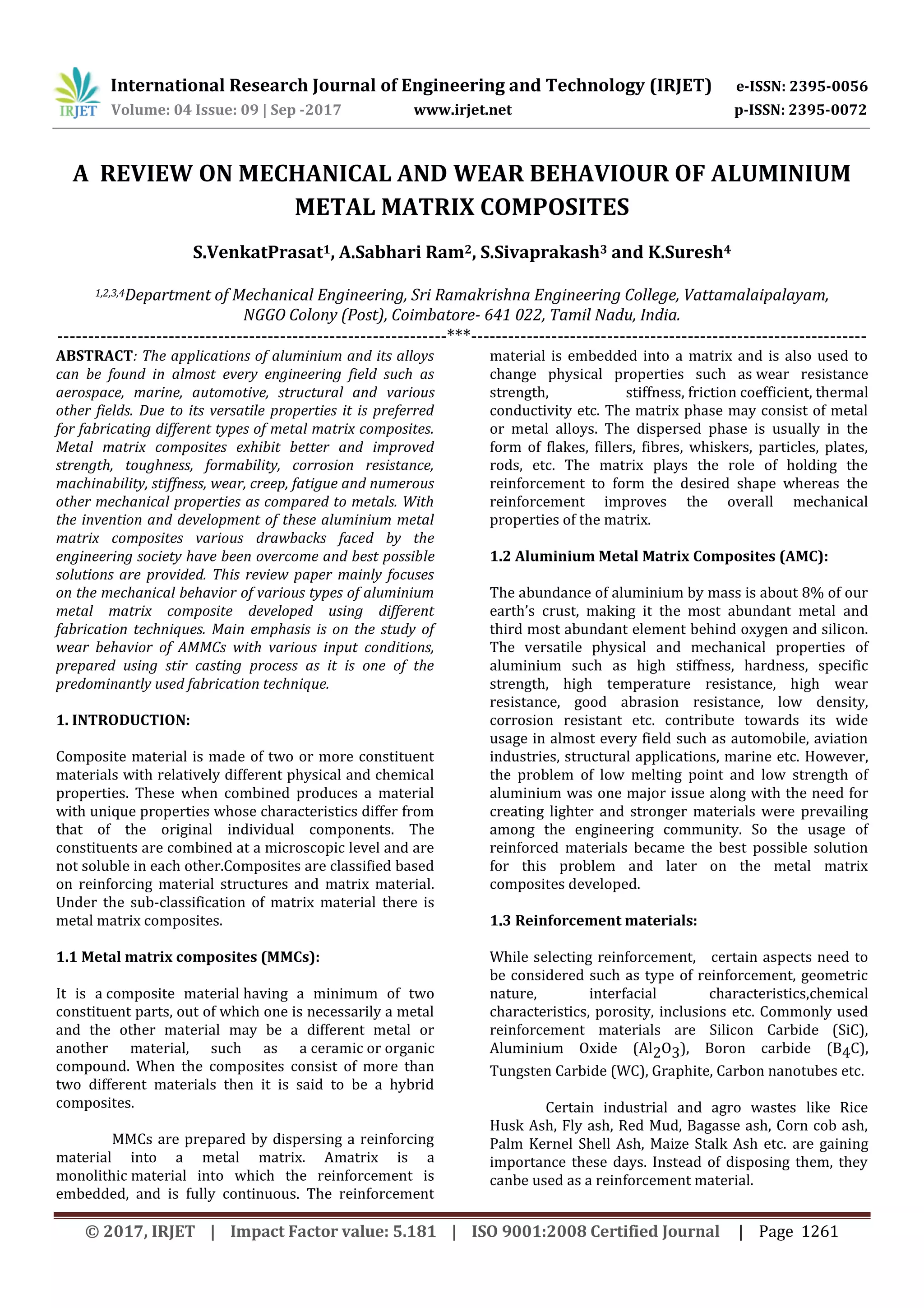 A Review on Mechanical and Wear Behaviour of Aluminium Metal Matrix ...