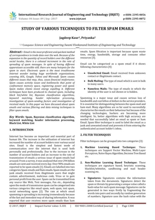 International Research Journal of Engineering and Technology (IRJET) e-ISSN: 2395-0056
Volume: 04 Issue: 09 | Sep -2017 www.irjet.net p-ISSN: 2395-0072
© 2017, IRJET | Impact Factor value: 5.181 | ISO 9001:2008 Certified Journal | Page 1300
STUDY OF VARIOUS TECHNIQUES TO FILTER SPAM EMAILS
Jagdeep Kaur1, Priyanka2
1, 2 Computer Science and Engineering Swami Vivekanand Institute of Engineering and Technology
---------------------------------------------------------------------***---------------------------------------------------------------------
Abstract - Email is the most proficient andquickestmethod
of correspondence to trade data over the web. Because of the
expansion in the quantity of record holders over the different
social locales, there is a colossal increment in the rate of
spreading of spam messages. In spite of having different
apparatuses accessible still, there are many hotspots for the
spam to start. Electronic spam is the most troublesome
Internet wonder testing huge worldwide organizations,
counting AOL, Google, Yahoo and Microsoft. Spam causes
different issues that may, thus, cause financial misfortunes.
Spam causes activity issues and bottlenecks that point of
confinement memory space, registering power and speed.
Spam makes clients invest energy expelling it. Different
techniques have been produced to channel spam, including
black list/white list, Bayesian classification algorithms,
keyword matching, header information processing,
investigation of spam-sending factors and investigation of
received mails. In this paper we have discussed about spam
emails and various filtering and data mining techniques to
filter spam emails.
Key Words: Spam, Bayesian classification algorithm,
keyword matching, header information processing,
Black List, White List
1. INTRODUCTION
Internet has become an important and essential part of
human life. The increase in the utilization of internet has
increased the number of account holders over varioussocial
sites. Email is the simplest and fastest mode of
communication over the internet that is used both
personally and professionally. Due to the increase in the
number of account holders and an increase in the rate of
transmission of emails a serious issue of spam emails had
aroused. From a survey, it was analysed thatover294billion
emails are sent and received every day. Over90%emailsare
reported to be spam emails [1]. Emails are labelled into two
categories Spam emailsandHamemails.Spamemailsarethe
junk emails received from illegitimate users that might
contain advertisement, malicious code, Virus or to gain
personal profit from the user. Spam can be transmittedfrom
any source like Web, Text messages, Fax etc., depending
upon the mode of transmission spam canbecategorisedinto
various categories like email spam, web spam, text spam,
social networking spam [2]. The rate at which email
spamming is spreading is increasing tremendously because
of the fast and immodest way of sharing information. It was
reported that user receives more spam emails than ham
emails. Spam filtration is important because spam waste
time, energy, bandwidth, storage and consume other
resources [3].
Email can be categorised as a spam email if it shows
following characteristics [4]:
 Unsolicited Email: Email received from unknown
contact or illegitimate contact.
 Bulk Mailing: The type of email which is sent in bulk
to many users.
 Nameless Mails: The type of emails in which the
identity of the user is not shown or is hidden.
Spamming is a major issue and causes serious loss of
bandwidth and cost billon of dollars totheserviceproviders.
It is essential for distinguishing between the spam mail and
ham mail. Many algorithms are so far used to successfully
characterise the emails on their behaviourbut becauseofthe
changing technologies, hackers are becoming more
intelligent. So, better algorithms with high accuracy are
needed that successfully label an email as spam or ham
Email. Spam filter technique is used to label the email as a
junk and unwanted email and prevents it from entering the
authenticated account holder’s inbox.
2. FILTER TECHNIQUES
Filter techniques can be grouped into two categories [3]:
1. Machine Learning Based Technique: These
techniques are Support Vector Machine, Multi-Layer
Perceptron, Naïve BayesAlgorithm,DecisionTreeBased
etc.
2. Non-Machine Learning Based Technique: These
techniques are signature based, heuristic scanning,
blacklist/whitelist, sandboxing and mail header
scanning etc.
 Signatures: Signatures contains the information
taken from the documents. Signatures detect the
spam or threats by generating a unique value called a
hash value for each spam message. Signatures can be
generated in two ways firstly by fragmenting the
words into pairs and secondly by random generation
of numbers. Signature uses the hash value with the
 