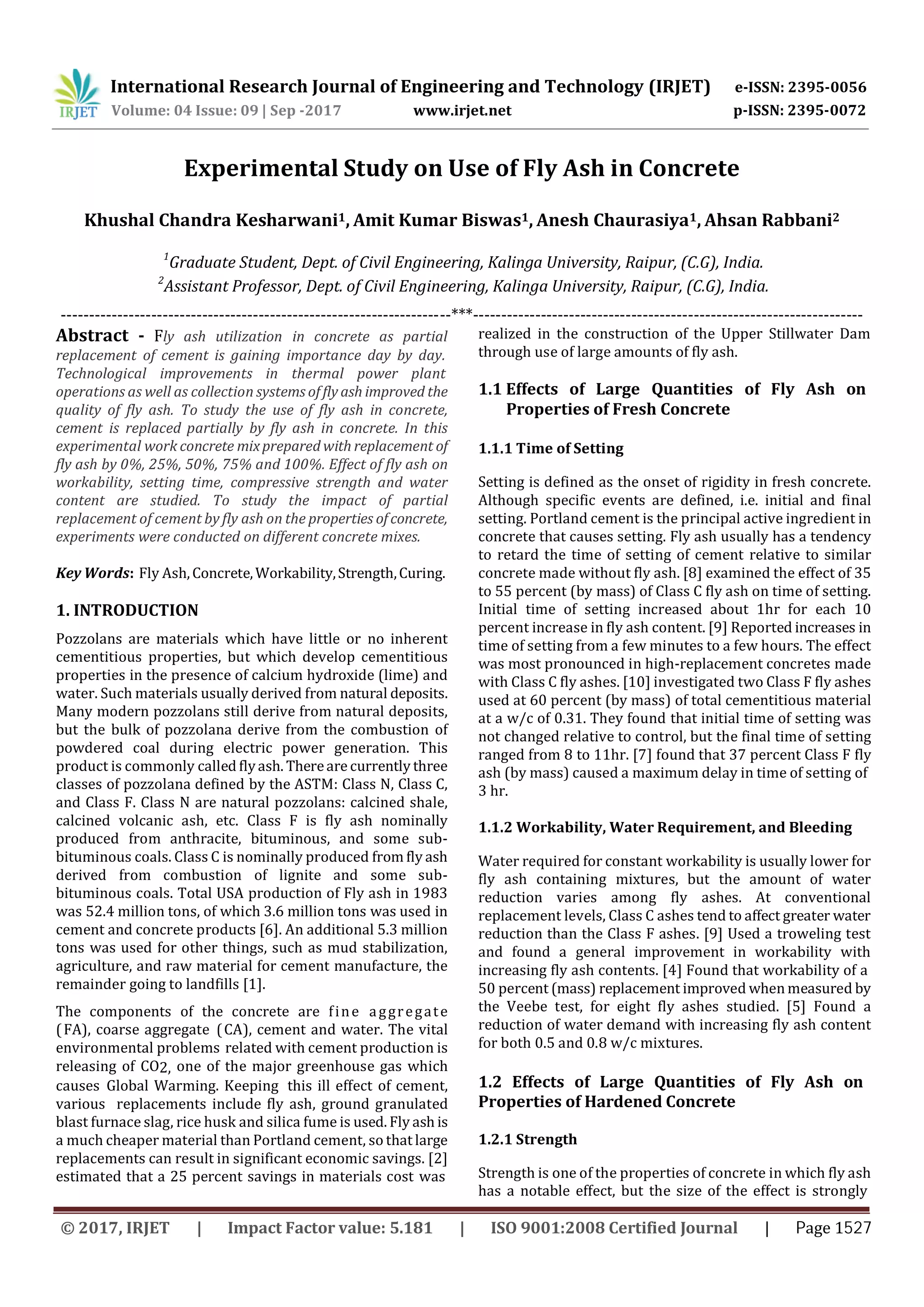 Experimental Study on Use of Fly Ash in Concrete | PDF
