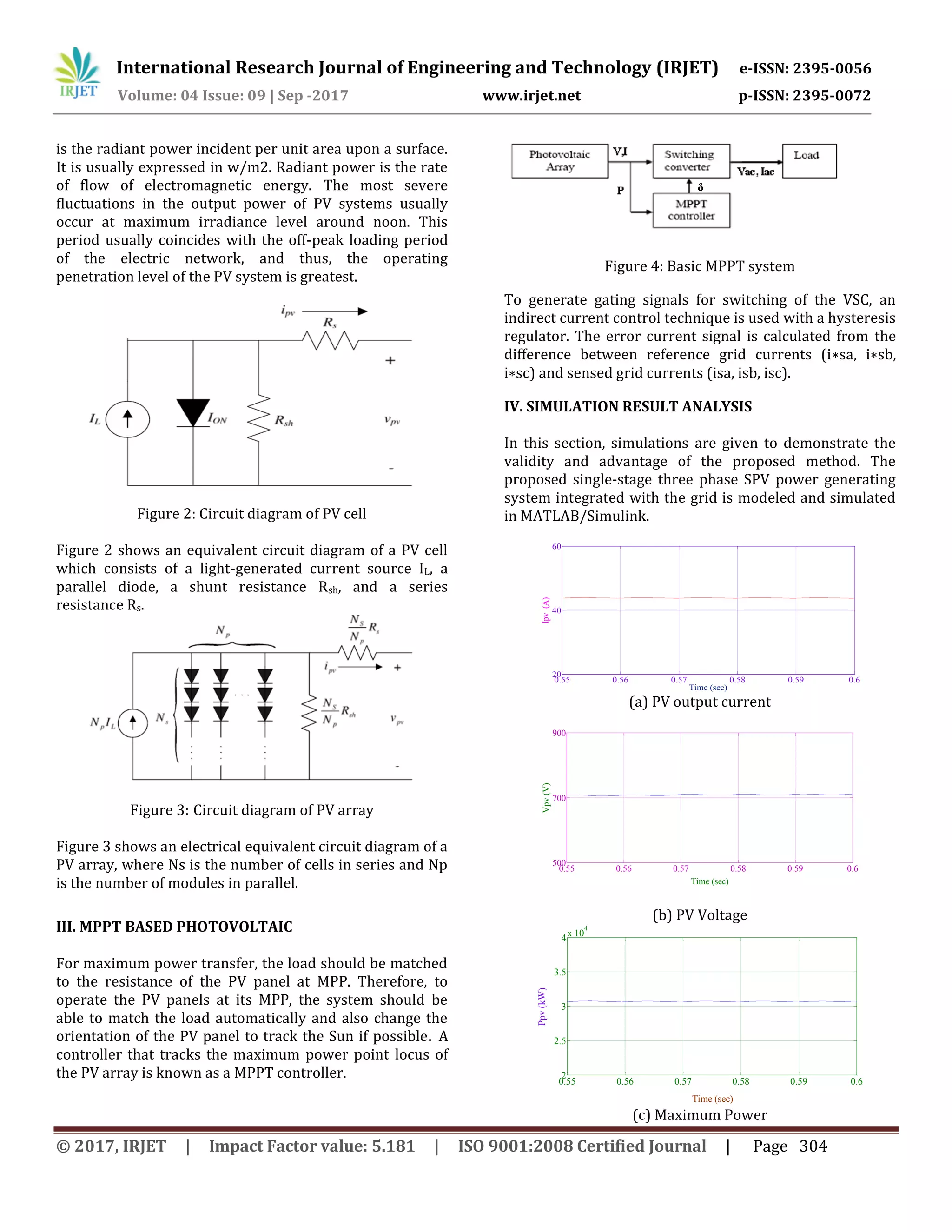 International Research Journal of Engineering and Technology (IRJET) e-ISSN: 2395-0056
Volume: 04 Issue: 09 | Sep -2017 www.irjet.net p-ISSN: 2395-0072
© 2017, IRJET | Impact Factor value: 5.181 | ISO 9001:2008 Certified Journal | Page 304
is the radiant power incident per unit area upon a surface.
It is usually expressed in w/m2. Radiant power is the rate
of flow of electromagnetic energy. The most severe
fluctuations in the output power of PV systems usually
occur at maximum irradiance level around noon. This
period usually coincides with the off-peak loading period
of the electric network, and thus, the operating
penetration level of the PV system is greatest.
Figure 2: Circuit diagram of PV cell
Figure 2 shows an equivalent circuit diagram of a PV cell
which consists of a light-generated current source IL, a
parallel diode, a shunt resistance Rsh, and a series
resistance Rs.
Figure 3: Circuit diagram of PV array
Figure 3 shows an electrical equivalent circuit diagram of a
PV array, where Ns is the number of cells in series and Np
is the number of modules in parallel.
III. MPPT BASED PHOTOVOLTAIC
For maximum power transfer, the load should be matched
to the resistance of the PV panel at MPP. Therefore, to
operate the PV panels at its MPP, the system should be
able to match the load automatically and also change the
orientation of the PV panel to track the Sun if possible. A
controller that tracks the maximum power point locus of
the PV array is known as a MPPT controller.
Figure 4: Basic MPPT system
To generate gating signals for switching of the VSC, an
indirect current control technique is used with a hysteresis
regulator. The error current signal is calculated from the
difference between reference grid currents (i∗sa, i∗sb,
i∗sc) and sensed grid currents (isa, isb, isc).
IV. SIMULATION RESULT ANALYSIS
In this section, simulations are given to demonstrate the
validity and advantage of the proposed method. The
proposed single-stage three phase SPV power generating
system integrated with the grid is modeled and simulated
in MATLAB/Simulink.
(a) PV output current
(b) PV Voltage
(c) Maximum Power
0.55 0.56 0.57 0.58 0.59 0.6
20
40
60
Time (sec)
Ipv(A)
0.55 0.56 0.57 0.58 0.59 0.6
500
700
900
Time (sec)
Vpv(V)
0.55 0.56 0.57 0.58 0.59 0.6
2
2.5
3
3.5
4
x 10
4
Time (sec)
Ppv(kW)
 