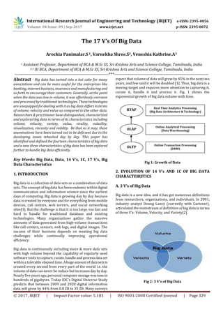 International Research Journal of Engineering and Technology (IRJET) e-ISSN: 2395-0056
Volume: 04 Issue: 09 | Sep-2017 www.irjet.net p-ISSN: 2395-0072
© 2017, IRJET | Impact Factor value: 5.181 | ISO 9001:2008 Certified Journal | Page 329
The 17 V’s Of Big Data
Arockia Panimalar.S 1, Varnekha Shree.S2, Veneshia Kathrine.A3
1 Assistant Professor, Department of BCA & M.Sc SS, Sri Krishna Arts and Science College, Tamilnadu, India
2,3 III BCA, Department of BCA & M.Sc SS, Sri Krishna Arts and Science College, Tamilnadu, India
---------------------------------------------------------------------***---------------------------------------------------------------------
Abstract - Big data has turned into a hot cake for many
associations and can be more useful for the enterprises like
banking, internet business, insurance and manufacturing and
so forth to encourage their customers. Generally, at the point
when the data was low in volume, it was effortlessly overseen
and processed by traditional technologies. These technologies
are unequipped for dealing with it as big data differs in terms
of volume, velocity and value as compared to the other data.
Researchers & practitioner have distinguished, characterized
and explored big data in terms of its characteristics including
volume, velocity, variety, value, virality, volatility,
visualization, viscosity and validity. Be that as it may, these
examinations have been turned out to be deficient due to the
developing issues rehashed day by day. This paper has
identified and defined the fourteen characteristics of big data
and a new three characteristics of big data has been explored
further to handle big data efficiently.
Key Words: Big Data, Data, 14 V’s, 1C, 17 V’s, Big
Data Characteristics
1. INTRODUCTION
Big data is a collection of data sets or a combination of data
sets. The concept of big data has been endemic within digital
communication and information science since the earliest
days of computing. Big data is growing day by day because
data is created by everyone and for everything from mobile
devices, call centers, web servers, and social networking
sites[1]. But the challenge is that it is too large, too fast and
hard to handle for traditional database and existing
technologies. Many organizations gather the massive
amounts of data generated from high-volume transactions
like call centers, sensors, web logs, and digital images. The
success of their business depends on meeting big data
challenges while continually improving operational
efficiency.
Big data is continuously including more & more data sets
with high volume beyond the capability of regularly used
software tools to capture,curate,handleandprocess data set
within a tolerable elapsed time. Ahugeamountof data setsis
created every second from every part of the world i.e. the
volume of data can never be reduce butincreasesday byday.
Nearly five years ago, personal computerstorage wastens to
hundreds of gigabytes. Today IDC's Digital Universe Study
predicts that between 2009 and 2020 digital information
data will grow by 44% from 0.8 ZB to 35 ZB. Many surveys
expect that volume of data will grow by 45% in the next two
years, and few said it will be doubled [1]. Thus, big data is a
moving target and requires more attention to capturing it,
curate it, handle it and process it. Fig. 1 shows the
exponential growth of big data volume with time.
Fig 1: Growth of Data
2. EVOLUTION OF 14 V’s AND 1C OF BIG DATA
CHARACTERISTICS
A. 3 V’s of Big Data
Big data is a new idea, and it has got numerous definitions
from researchers, organizations, and individuals. In 2001,
industry analyst Doung Laney (currently with Gartener),
articulated the mainstream of definition of big data in terms
of three V's: Volume, Velocity, and Variety[2].
Fig 2: 3 V’s of Big Data
RTAP
OLAP
OLTP
Real Time Analytics Processing
(Big Data Architecture & Technology)
Online Analytical Processing
(Data Warehousing)
Online Transaction Processing
(DBMS
 