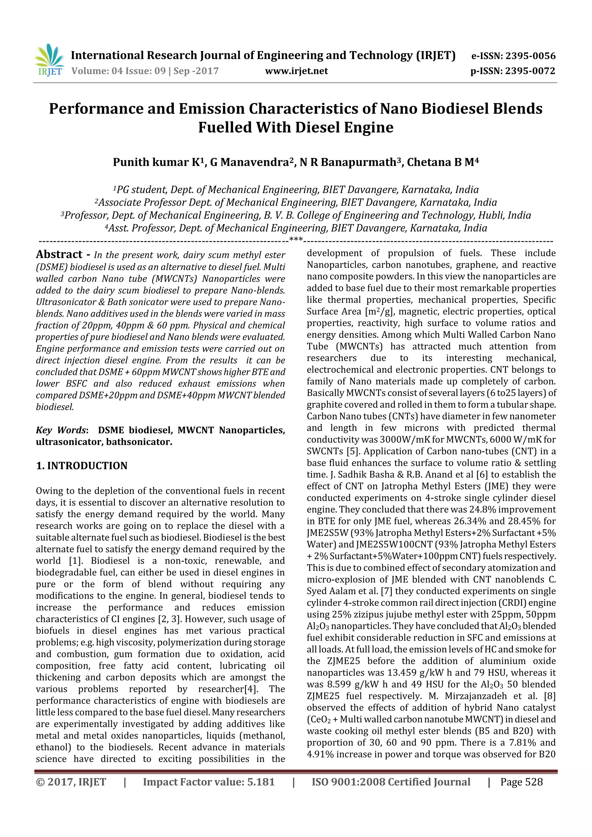 Performance and Emission Characteristics of Nano Biodiesel Blends ...