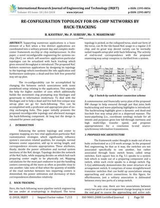 International Research Journal of Engineering and Technology (IRJET) e-ISSN: 2395-0056
Volume: 05 Issue: 10 | Oct 2018 www.irjet.net p-ISSN: 2395-0072
© 2018, IRJET | Impact Factor value: 7.211 | ISO 9001:2008 Certified Journal | Page 50
RE-CONFIGURATION TOPOLOGY FOR ON-CHIP NETWORKS BY
BACK-TRACKING
B. KAVITHA1, Mr. P. SURESH2, Mr. Y. MAHESWAR3
-----------------------------------------------------------------***---------------------------------------------------------------
ABSTRACT: Supporting numerous applications is a basic
element of a NoC when a few distinct applications are
coordinated into a solitary present day and complex multi-
center framework on-chip or chip multiprocessor. In this
paper, a novel reconfigurable engineering for systems on-
chip (NoC) on which self-assertive application-particular
topologies can be actualized with back tracking which
gives ensured throughput is introduced. The proposed NoC
bolsters numerous applications by designing its topology
to the topology which coordinates the info application and
furthermore underpins a dead-and-live bolt free powerful
way set-up plan.
The re-configurability can be accomplished by
changing the between switch associations with some
predefined setup relating to the application. This expands
the help for higher number of uses which additionally
builds the movement clog prompting way blockages and
generously to information misfortune. To deal with the
blockages and to help a dead and live bolt free unique way
set-up plan we go for back-following. This can be
accomplished with a proficient and appropriate plan of on-
chip exchanging hubs. This paper initially presents the
proposed reconfigurable topology and afterward manages
the back-following component. At long last the design is
valuated for power and region.
1. INTRODUCTION
Enhancing the system topology and center to
organize mapping are two vital application-particular NoC
customization strategies which significantly influence
system's execution related qualities, for example, normal
between center separation, add up to wiring length, and
correspondence streams appropriation. These attributes,
thusly, decide the power utilization and normal system
inertness of the NoC design. Topology decides the network
of the NoC hubs, while mapping decides on which hub each
preparing center ought to be physically set. Mapping
calculations for the most part endeavor to put the handling
centers conveying all the more as often as possible close to
one another; take note of that when the quantity of middle
of the road switches between two imparting centers is
diminished, the power utilization and dormancy of their
correspondences diminishes relatively.
2. BACK-TRACKING
Here, the back following wave-pipeline switch engineering
for use under at orustopology is displayed. The torus
topology is picked, as the collapsed torus, alaid-out form of
the torus, can fit the tile-based NoC usage in a regular 2-D
chip, and its great way decent variety can be normally
suited toapath-setup plot with back following. The activity
of end-to-end correspondence with the proposed
examining way setup conspires is clarified from a system.
Fig: 1 Switch-by-switch inter connection scheme
A commonsense and financially savvy plan of the proposed
BW change to help ensured through put that joins both
backtracking and wave-pipelining highlights is introduced.
The backtracking highlight gives a dynamic and dead-and
live-bolt free way setup plot in a dispersed manner. The
wave-pipelining (i.e., coordinate sending) include for all
intents and purposes gives low fall-through inertness and
high multi-Gbps transfer speed, and proposes
appropriateness for a conclusion to-end source-
synchronous information transmission.
3. PROPOSED NOC ARCHITECTURE
The framework under thought is made out of m×n
hubs orchestrated as a 2-D work arrange. In the proposed
NoC engineering, be that as it may, the switches are not
associated specifically to one another, but rather
associated through basic switch boxes; called setup
switches. Each square box in Fig. 5.1 speaks to a system
hub which is made out of a preparing component and a
switch, while each circle speaks to a design switch. Fig.
5.1(a) additionally demonstrates the inner structure of an
arrangement switch. It comprises of some straightforward
transistor switches that can build up associations among
approaching and active connections. In this figure, for
effortlessness, just a solitary association is delineated
between every two ports of a setup switch.
In any case, there are two associations between
every two ports of an arrangement change keeping in mind
the end goal to course the approaching and active sub-
 