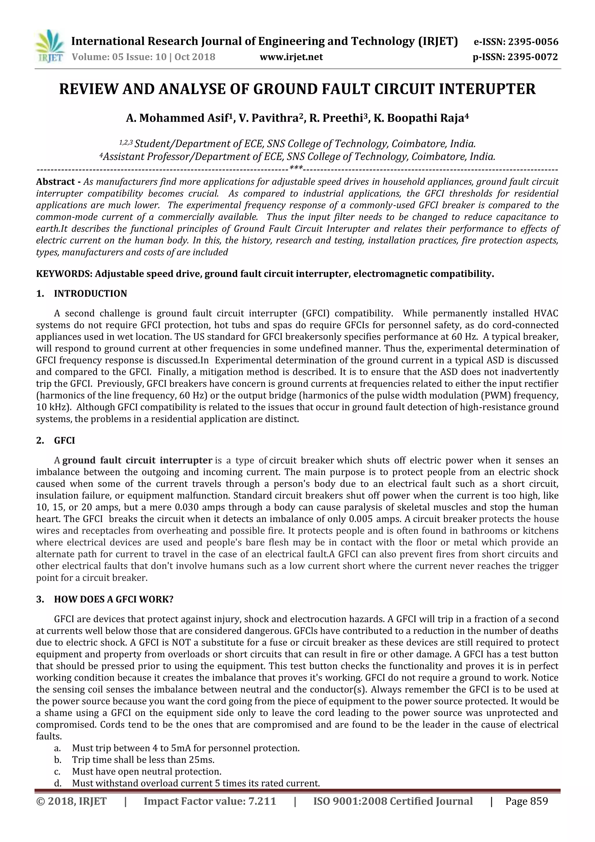 IRJET- Review and Analyse of Ground Fault Circuit Interupter | PDF