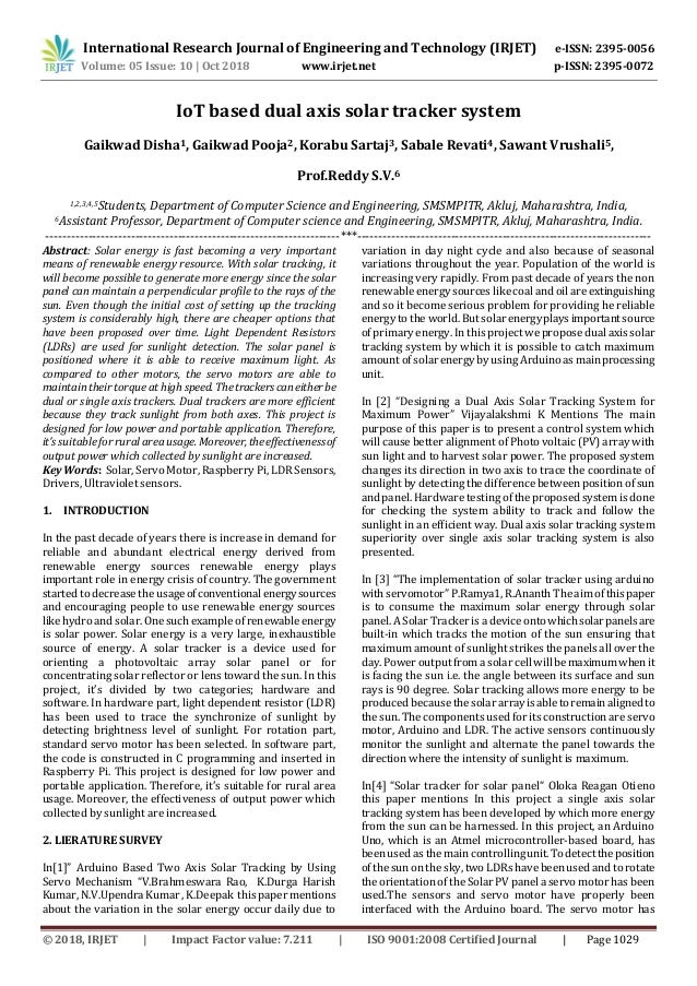 Irjet Iot Based Dual Axis Solar Tracker System