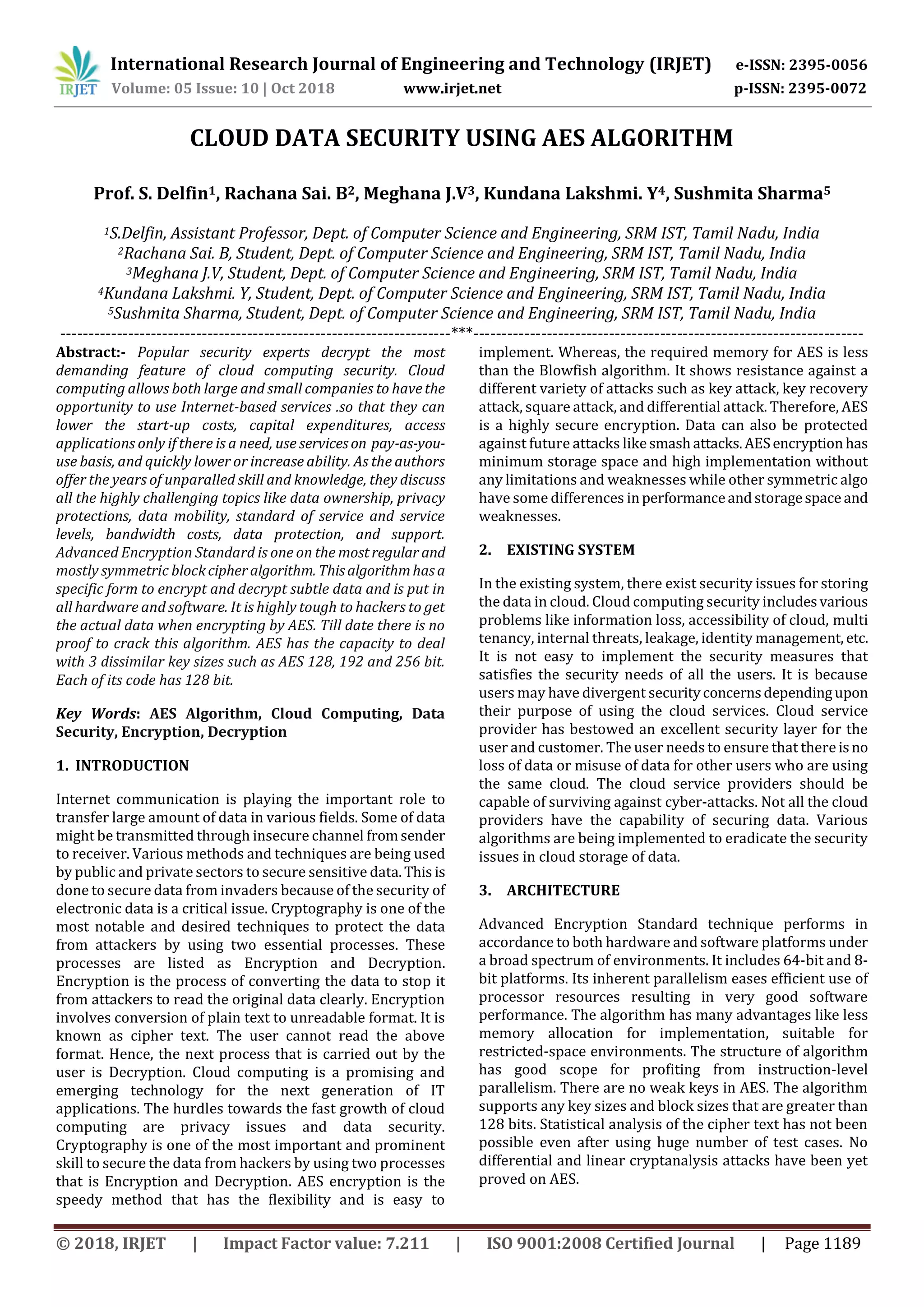 IRJET- Cloud Data Security using AES Algorithm | PDF