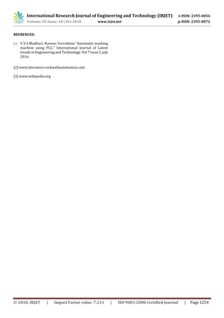 International Research Journal of Engineering and Technology (IRJET) e-ISSN: 2395-0056
Volume: 05 Issue: 10 | Oct 2018 www.irjet.net p-ISSN: 2395-0072
© 2018, IRJET | Impact Factor value: 7.211 | ISO 9001:2008 Certified Journal | Page 1254
REFRENCES:
[1] V.V.S.Madhuri, Naveen Yerrathota “Automatic washing
machine using PLC,” International Journal of Latest
trends in Engineering and Technology:Vol 7issue2,july
2016.
[2] www.literature.rockwellautomation.com
[3] www.wikipedia.org
 