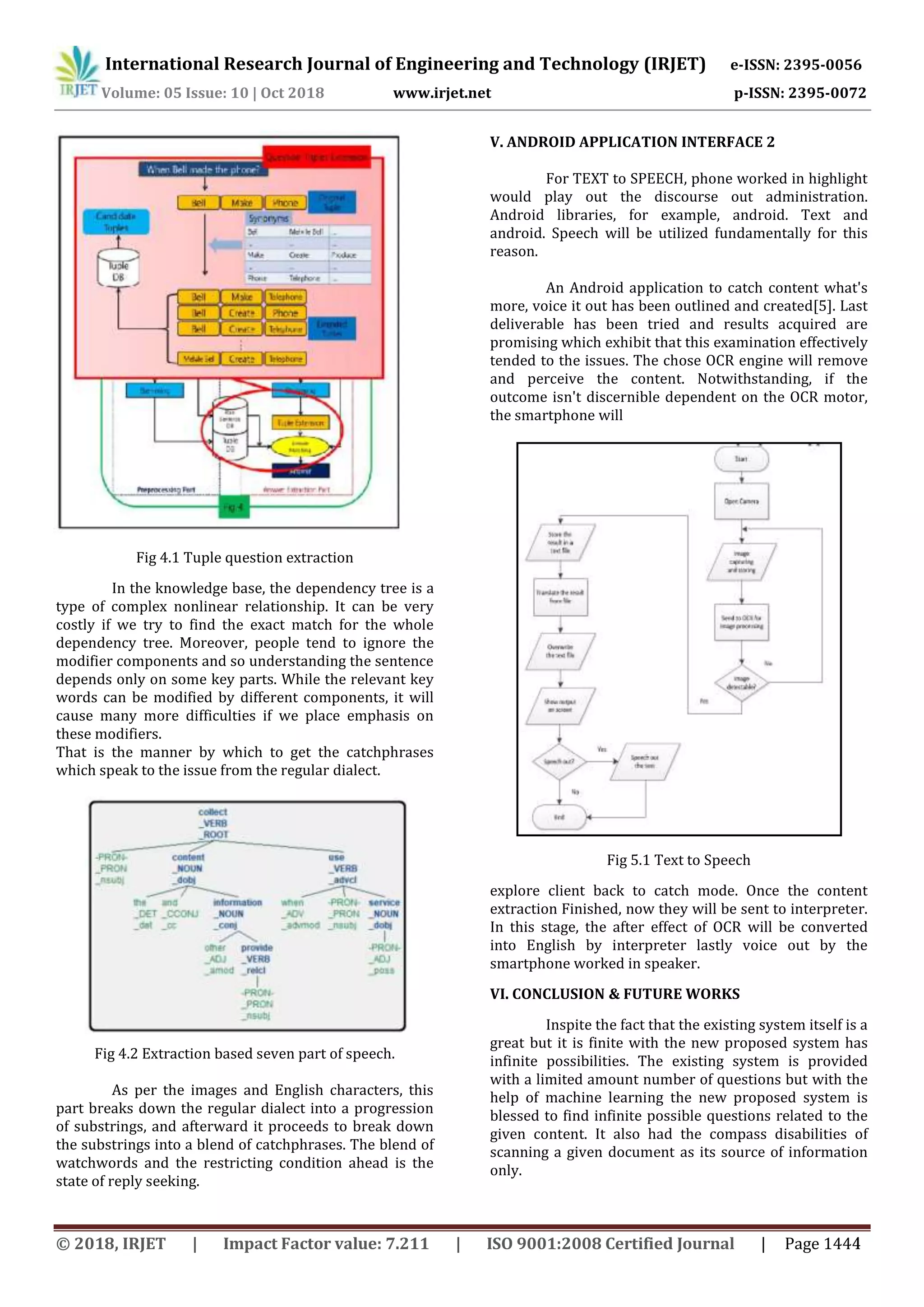 International Research Journal of Engineering and Technology (IRJET) e-ISSN: 2395-0056
Volume: 05 Issue: 10 | Oct 2018 www.irjet.net p-ISSN: 2395-0072
Fig 4.1 Tuple question extraction
In the knowledge base, the dependency tree is a
type of complex nonlinear relationship. It can be very
costly if we try to find the exact match for the whole
dependency tree. Moreover, people tend to ignore the
modifier components and so understanding the sentence
depends only on some key parts. While the relevant key
words can be modified by different components, it will
cause many more difficulties if we place emphasis on
these modifiers.
That is the manner by which to get the catchphrases
which speak to the issue from the regular dialect.
Fig 4.2 Extraction based seven part of speech.
As per the images and English characters, this
part breaks down the regular dialect into a progression
of substrings, and afterward it proceeds to break down
the substrings into a blend of catchphrases. The blend of
watchwords and the restricting condition ahead is the
state of reply seeking.
V. ANDROID APPLICATION INTERFACE 2
For TEXT to SPEECH, phone worked in highlight
would play out the discourse out administration.
Android libraries, for example, android. Text and
android. Speech will be utilized fundamentally for this
reason.
An Android application to catch content what's
more, voice it out has been outlined and created[5]. Last
deliverable has been tried and results acquired are
promising which exhibit that this examination effectively
tended to the issues. The chose OCR engine will remove
and perceive the content. Notwithstanding, if the
outcome isn't discernible dependent on the OCR motor,
the smartphone will
Fig 5.1 Text to Speech
explore client back to catch mode. Once the content
extraction Finished, now they will be sent to interpreter.
In this stage, the after effect of OCR will be converted
into English by interpreter lastly voice out by the
smartphone worked in speaker.
VI. CONCLUSION & FUTURE WORKS
Inspite the fact that the existing system itself is a
great but it is finite with the new proposed system has
infinite possibilities. The existing system is provided
with a limited amount number of questions but with the
help of machine learning the new proposed system is
blessed to find infinite possible questions related to the
given content. It also had the compass disabilities of
scanning a given document as its source of information
only.
© 2018, IRJET | Impact Factor value: 7.211 | ISO 9001:2008 Certified Journal | Page 1444
 