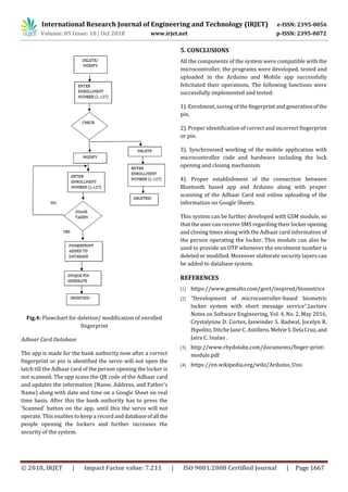International Research Journal of Engineering and Technology (IRJET) e-ISSN: 2395-0056
Volume: 05 Issue: 10 | Oct 2018 www.irjet.net p-ISSN: 2395-0072
© 2018, IRJET | Impact Factor value: 7.211 | ISO 9001:2008 Certified Journal | Page 1667
Fig.4: Flowchart for deletion/ modification of enrolled
fingerprint
Adhaar Card Database
The app is made for the bank authority now after a correct
fingerprint or pin is identified the servo will not open the
latch till the Adhaar card of the person opening the locker is
not scanned. The app scans the QR code of the Adhaar card
and updates the information (Name, Address, and Father’s
Name) along with date and time on a Google Sheet on real
time basis. After this the bank authority has to press the
‘Scanned’ button on the app, until this the servo will not
operate. This enables to keep a record anddatabaseofall the
people opening the lockers and further increases the
security of the system.
5. CONCLUSIONS
All the components of the system were compatible with the
microcontroller, the programs were developed, tested and
uploaded in the Arduino and Mobile app successfully
felicitated their operations. The following functions were
successfully implemented and tested:
1). Enrolment, saving of the fingerprintandgenerationofthe
pin.
2). Proper identification of correct and incorrect fingerprint
or pin.
3). Synchronised working of the mobile application with
microcontroller code and hardware including the lock
opening and closing mechanism.
4). Proper establishment of the connection between
Bluetooth based app and Arduino along with proper
scanning of the Adhaar Card and online uploading of the
information on Google Sheets.
This system can be further developed with GSM module, so
that the user can receive SMS regarding their lockeropening
and closing times along with the Adhaar card information of
the person operating the locker. This module can also be
used to provide an OTP whenever the enrolment number is
deleted or modified. Moreover elaborate security layers can
be added to database system.
REFERENCES
[1] https://www.gemalto.com/govt/inspired/biometrics
[2] “Development of microcontroller-based biometric
locker system with short message service”,Lecture
Notes on Software Engineering, Vol. 4, No. 2, May 2016,
Crystalynne D. Cortez, Jaswinder S. Badwal, Jocelyn R.
Hipolito, Ditche Jane C. Astillero,MelvieS.Dela Cruz,and
Jaira C. Inalao .
[3] http://www.rhydolabz.com/documents/finger-print-
module.pdf
[4] https://en.wikipedia.org/wiki/Arduino_Uno
 