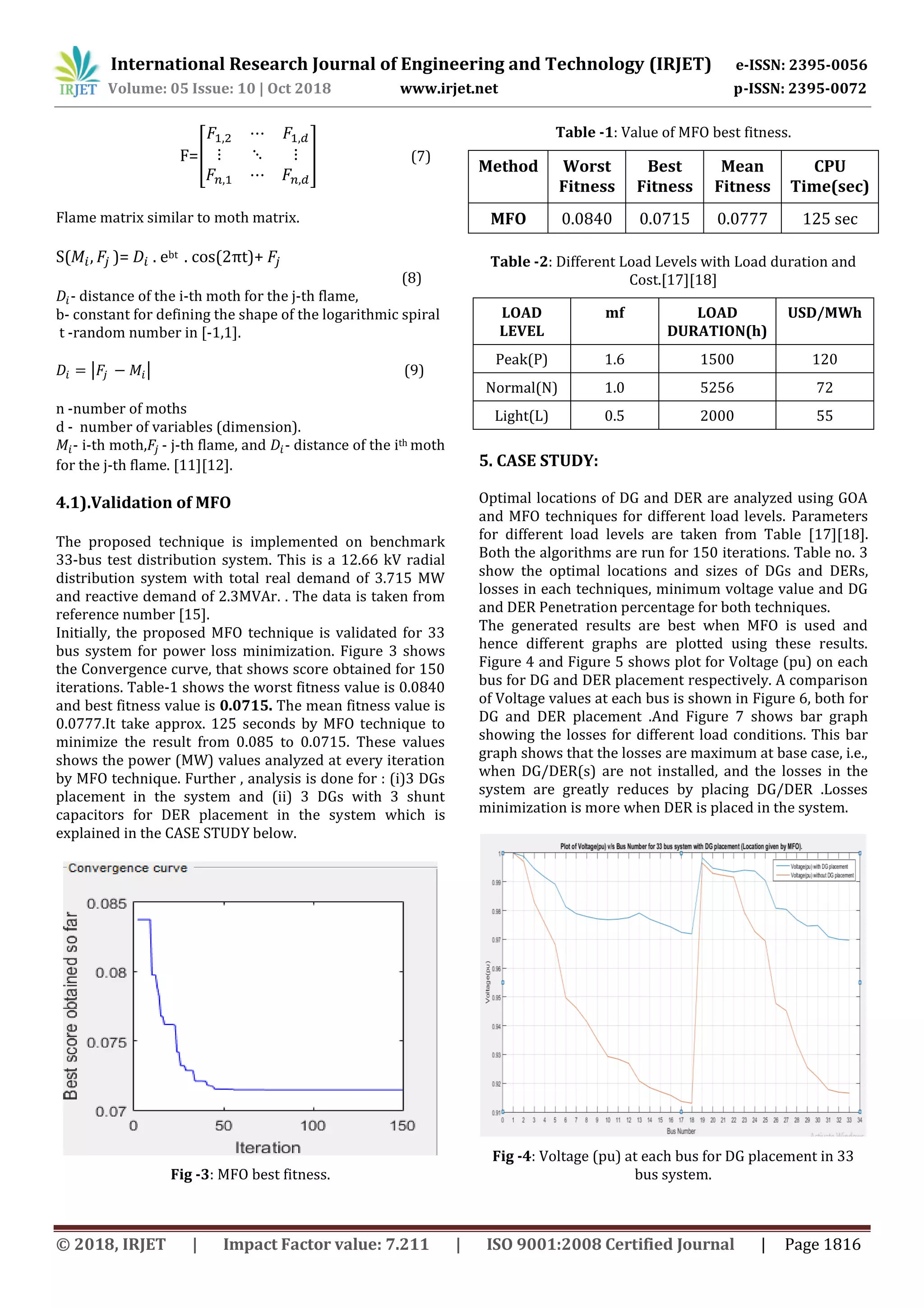 International Research Journal of Engineering and Technology (IRJET) e-ISSN: 2395-0056
Volume: 05 Issue: 10 | Oct 2018 www.irjet.net p-ISSN: 2395-0072
© 2018, IRJET | Impact Factor value: 7.211 | ISO 9001:2008 Certified Journal | Page 1816
F=[
2
] (7)
Flame matrix similar to moth matrix.
S( )= . ebt . cos(2πt)+
(8)
- distance of the i-th moth for the j-th flame,
b- constant for defining the shape of the logarithmic spiral
t -random number in [-1,1].
| | (9)
n -number of moths
d - number of variables (dimension).
- i-th moth, - j-th flame, and - distance of the ith moth
for the j-th flame. [11][12].
4.1).Validation of MFO
The proposed technique is implemented on benchmark
33-bus test distribution system. This is a 12.66 kV radial
distribution system with total real demand of 3.715 MW
and reactive demand of 2.3MVAr. . The data is taken from
reference number [15].
Initially, the proposed MFO technique is validated for 33
bus system for power loss minimization. Figure 3 shows
the Convergence curve, that shows score obtained for 150
iterations. Table-1 shows the worst fitness value is 0.0840
and best fitness value is 0.0715. The mean fitness value is
0.0777.It take approx. 125 seconds by MFO technique to
minimize the result from 0.085 to 0.0715. These values
shows the power (MW) values analyzed at every iteration
by MFO technique. Further , analysis is done for : (i)3 DGs
placement in the system and (ii) 3 DGs with 3 shunt
capacitors for DER placement in the system which is
explained in the CASE STUDY below.
Fig -3: MFO best fitness.
Table -1: Value of MFO best fitness.
Method Worst
Fitness
Best
Fitness
Mean
Fitness
CPU
Time(sec)
MFO 0.0840 0.0715 0.0777 125 sec
Table -2: Different Load Levels with Load duration and
Cost.[17][18]
LOAD
LEVEL
mf LOAD
DURATION(h)
USD/MWh
Peak(P) 1.6 1500 120
Normal(N) 1.0 5256 72
Light(L) 0.5 2000 55
5. CASE STUDY:
Optimal locations of DG and DER are analyzed using GOA
and MFO techniques for different load levels. Parameters
for different load levels are taken from Table [17][18].
Both the algorithms are run for 150 iterations. Table no. 3
show the optimal locations and sizes of DGs and DERs,
losses in each techniques, minimum voltage value and DG
and DER Penetration percentage for both techniques.
The generated results are best when MFO is used and
hence different graphs are plotted using these results.
Figure 4 and Figure 5 shows plot for Voltage (pu) on each
bus for DG and DER placement respectively. A comparison
of Voltage values at each bus is shown in Figure 6, both for
DG and DER placement .And Figure 7 shows bar graph
showing the losses for different load conditions. This bar
graph shows that the losses are maximum at base case, i.e.,
when DG/DER(s) are not installed, and the losses in the
system are greatly reduces by placing DG/DER .Losses
minimization is more when DER is placed in the system.
Fig -4: Voltage (pu) at each bus for DG placement in 33
bus system.
 