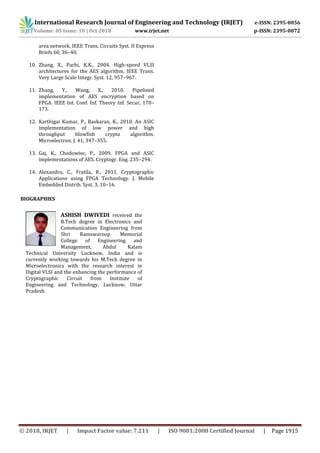 International Research Journal of Engineering and Technology (IRJET) e-ISSN: 2395-0056
Volume: 05 Issue: 10 | Oct 2018 www.irjet.net p-ISSN: 2395-0072
© 2018, IRJET | Impact Factor value: 7.211 | ISO 9001:2008 Certified Journal | Page 1915
area network. IEEE Trans. Circuits Syst. II Express
Briefs 60, 36–40.
10. Zhang, X., Parhi, K.K., 2004. High-speed VLSI
architectures for the AES algorithm. IEEE Trans.
Very Large Scale Integr. Syst. 12, 957–967.
11. Zhang, Y., Wang, X., 2010. Pipelined
implementation of AES encryption based on
FPGA. IEEE Int. Conf. Inf. Theory Inf. Secur, 170–
173.
12. Karthigai Kumar, P., Baskaran, K., 2010. An ASIC
implementation of low power and high
throughput blowfish crypto algorithm.
Microelectron. J. 41, 347–355.
13. Gaj, K., Chodowiec, P., 2009. FPGA and ASIC
implementations of AES. Cryptogr. Eng. 235–294.
14. Alexandru, C., Fratila, R., 2011. Cryptographic
Applications using FPGA Technology. J. Mobile
Embedded Distrib. Syst. 3, 10–16.
BIOGRAPHIES
ASHISH DWIVEDI received the
B.Tech degree in Electronics and
Communication Engineering from
Shri Ramswaroop Memorial
College of Engineering and
Management, Abdul Kalam
Technical University Lucknow, India and is
currently working towards his M.Tech degree in
Microelectronics with the research interest in
Digital VLSI and the enhancing the performance of
Cryptographic Circuit from Institute of
Engineering and Technology, Lucknow, Uttar
Pradesh.
 