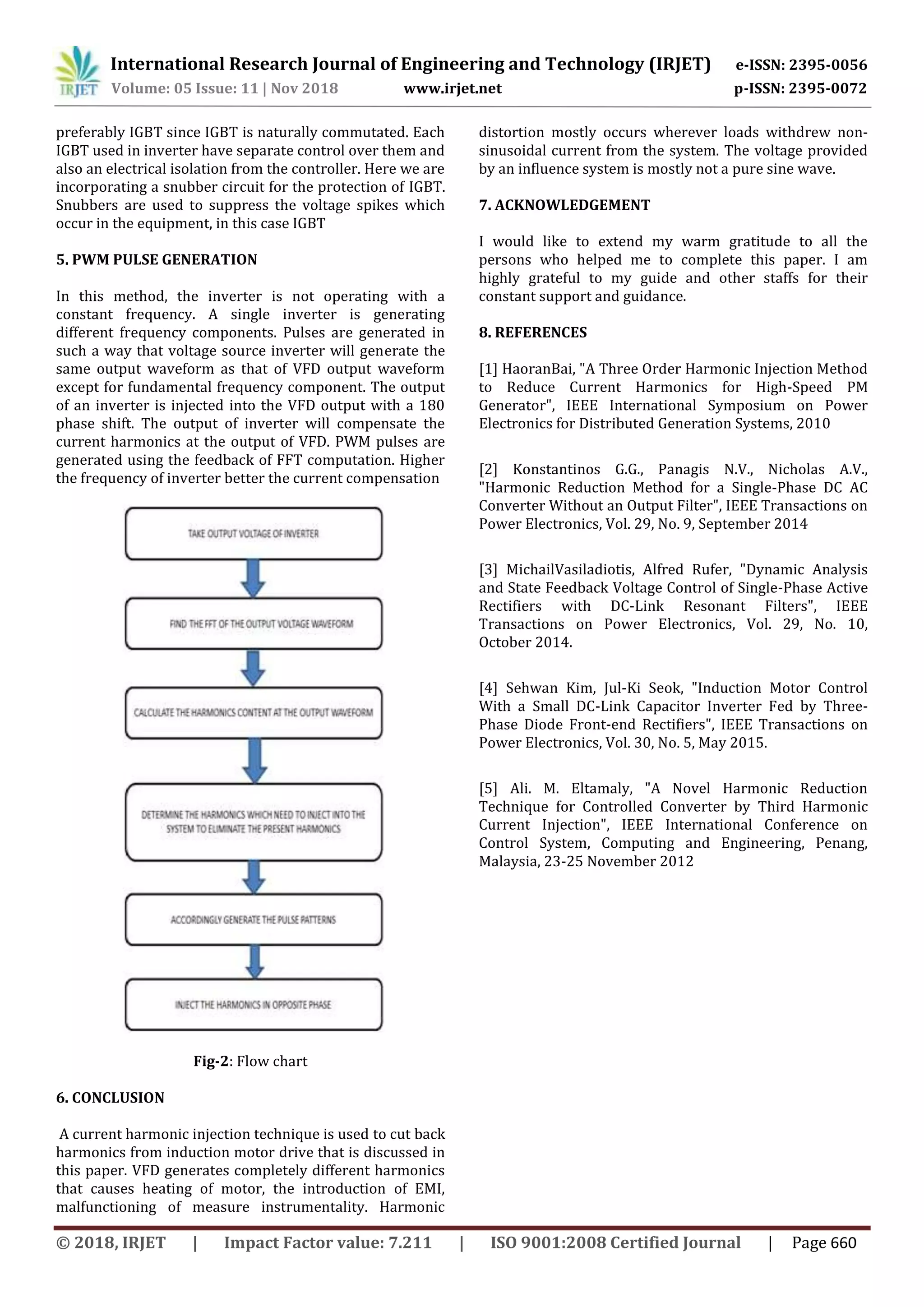 International Research Journal of Engineering and Technology (IRJET) e-ISSN: 2395-0056
Volume: 05 Issue: 11 | Nov 2018 www.irjet.net p-ISSN: 2395-0072
© 2018, IRJET | Impact Factor value: 7.211 | ISO 9001:2008 Certified Journal | Page 660
preferably IGBT since IGBT is naturally commutated. Each
IGBT used in inverter have separate control over them and
also an electrical isolation from the controller. Here we are
incorporating a snubber circuit for the protection of IGBT.
Snubbers are used to suppress the voltage spikes which
occur in the equipment, in this case IGBT
5. PWM PULSE GENERATION
In this method, the inverter is not operating with a
constant frequency. A single inverter is generating
different frequency components. Pulses are generated in
such a way that voltage source inverter will generate the
same output waveform as that of VFD output waveform
except for fundamental frequency component. The output
of an inverter is injected into the VFD output with a 180
phase shift. The output of inverter will compensate the
current harmonics at the output of VFD. PWM pulses are
generated using the feedback of FFT computation. Higher
the frequency of inverter better the current compensation
Fig-2: Flow chart
6. CONCLUSION
A current harmonic injection technique is used to cut back
harmonics from induction motor drive that is discussed in
this paper. VFD generates completely different harmonics
that causes heating of motor, the introduction of EMI,
malfunctioning of measure instrumentality. Harmonic
distortion mostly occurs wherever loads withdrew non-
sinusoidal current from the system. The voltage provided
by an influence system is mostly not a pure sine wave.
7. ACKNOWLEDGEMENT
I would like to extend my warm gratitude to all the
persons who helped me to complete this paper. I am
highly grateful to my guide and other staffs for their
constant support and guidance.
8. REFERENCES
[1] HaoranBai, "A Three Order Harmonic Injection Method
to Reduce Current Harmonics for High-Speed PM
Generator", IEEE International Symposium on Power
Electronics for Distributed Generation Systems, 2010
[2] Konstantinos G.G., Panagis N.V., Nicholas A.V.,
"Harmonic Reduction Method for a Single-Phase DC AC
Converter Without an Output Filter", IEEE Transactions on
Power Electronics, Vol. 29, No. 9, September 2014
[3] MichailVasiladiotis, Alfred Rufer, "Dynamic Analysis
and State Feedback Voltage Control of Single-Phase Active
Rectifiers with DC-Link Resonant Filters", IEEE
Transactions on Power Electronics, Vol. 29, No. 10,
October 2014.
[4] Sehwan Kim, Jul-Ki Seok, "Induction Motor Control
With a Small DC-Link Capacitor Inverter Fed by Three-
Phase Diode Front-end Rectifiers", IEEE Transactions on
Power Electronics, Vol. 30, No. 5, May 2015.
[5] Ali. M. Eltamaly, "A Novel Harmonic Reduction
Technique for Controlled Converter by Third Harmonic
Current Injection", IEEE International Conference on
Control System, Computing and Engineering, Penang,
Malaysia, 23-25 November 2012
 