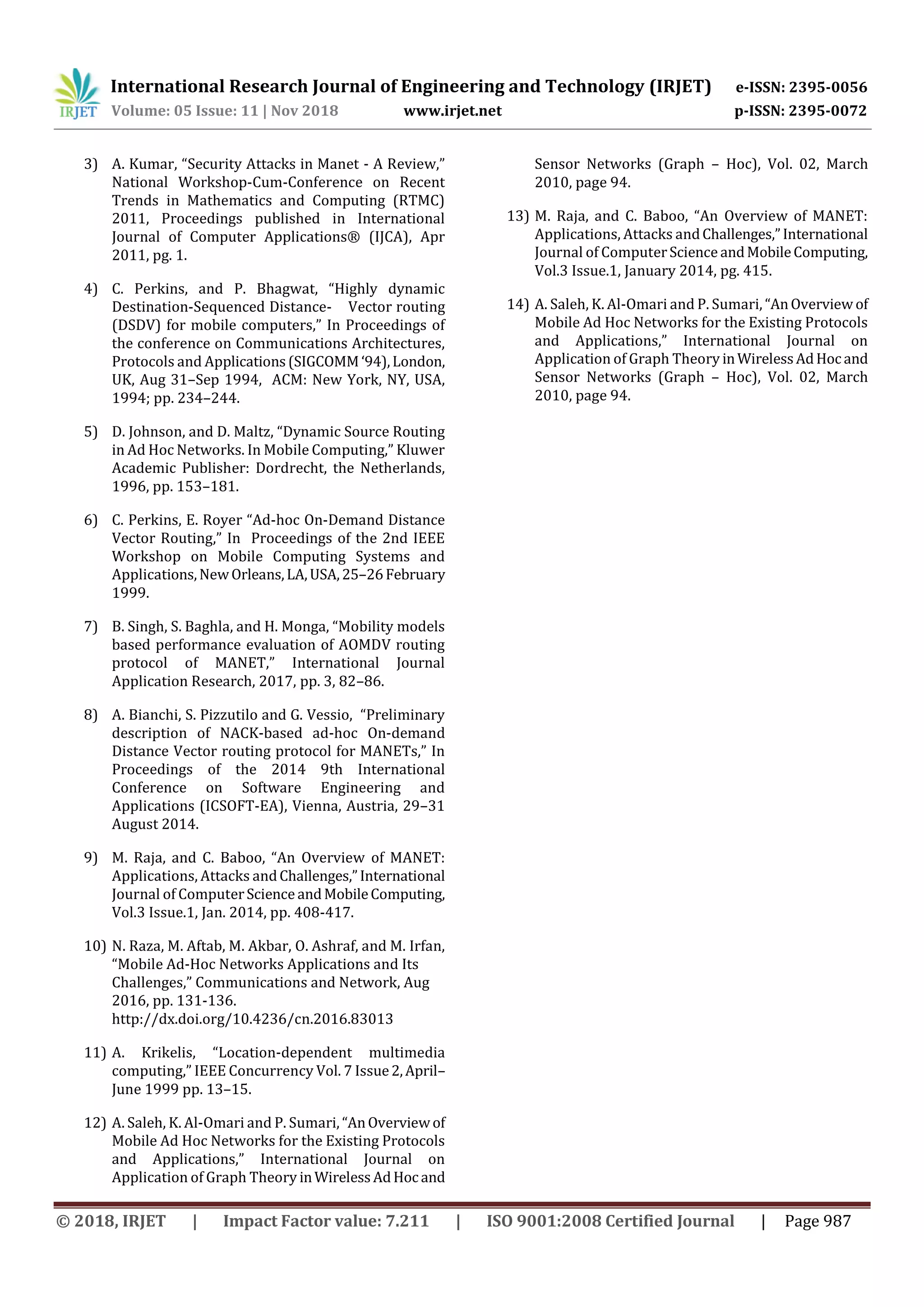 International Research Journal of Engineering and Technology (IRJET) e-ISSN: 2395-0056
Volume: 05 Issue: 11 | Nov 2018 www.irjet.net p-ISSN: 2395-0072
© 2018, IRJET | Impact Factor value: 7.211 | ISO 9001:2008 Certified Journal | Page 987
3) A. Kumar, “Security Attacks in Manet - A Review,”
National Workshop-Cum-Conference on Recent
Trends in Mathematics and Computing (RTMC)
2011, Proceedings published in International
Journal of Computer Applications® (IJCA), Apr
2011, pg. 1.
4) C. Perkins, and P. Bhagwat, “Highly dynamic
Destination-Sequenced Distance- Vector routing
(DSDV) for mobile computers,” In Proceedings of
the conference on Communications Architectures,
Protocols and Applications(SIGCOMM‘94),London,
UK, Aug 31–Sep 1994, ACM: New York, NY, USA,
1994; pp. 234–244.
5) D. Johnson, and D. Maltz, “Dynamic Source Routing
in Ad Hoc Networks. In Mobile Computing,” Kluwer
Academic Publisher: Dordrecht, the Netherlands,
1996, pp. 153–181.
6) C. Perkins, E. Royer “Ad-hoc On-Demand Distance
Vector Routing,” In Proceedings of the 2nd IEEE
Workshop on Mobile Computing Systems and
Applications,NewOrleans,LA,USA,25–26February
1999.
7) B. Singh, S. Baghla, and H. Monga, “Mobility models
based performance evaluation of AOMDV routing
protocol of MANET,” International Journal
Application Research, 2017, pp. 3, 82–86.
8) A. Bianchi, S. Pizzutilo and G. Vessio, “Preliminary
description of NACK-based ad-hoc On-demand
Distance Vector routing protocol for MANETs,” In
Proceedings of the 2014 9th International
Conference on Software Engineering and
Applications (ICSOFT-EA), Vienna, Austria, 29–31
August 2014.
9) M. Raja, and C. Baboo, “An Overview of MANET:
Applications, Attacks andChallenges,”International
Journal of ComputerScience andMobileComputing,
Vol.3 Issue.1, Jan. 2014, pp. 408-417.
10) N. Raza, M. Aftab, M. Akbar, O. Ashraf, and M. Irfan,
“Mobile Ad-Hoc Networks Applications and Its
Challenges,” Communications and Network, Aug
2016, pp. 131-136.
http://dx.doi.org/10.4236/cn.2016.83013
11) A. Krikelis, “Location-dependent multimedia
computing,” IEEE Concurrency Vol. 7 Issue2,April–
June 1999 pp. 13–15.
12) A. Saleh, K. Al-Omari and P. Sumari, “AnOverviewof
Mobile Ad Hoc Networks for the Existing Protocols
and Applications,” International Journal on
Application of Graph Theory inWirelessAdHocand
Sensor Networks (Graph – Hoc), Vol. 02, March
2010, page 94.
13) M. Raja, and C. Baboo, “An Overview of MANET:
Applications, Attacks andChallenges,”International
Journal of ComputerScience andMobileComputing,
Vol.3 Issue.1, January 2014, pg. 415.
14) A. Saleh, K. Al-Omari and P. Sumari, “AnOverviewof
Mobile Ad Hoc Networks for the Existing Protocols
and Applications,” International Journal on
Application of Graph Theory inWirelessAdHocand
Sensor Networks (Graph – Hoc), Vol. 02, March
2010, page 94.
 