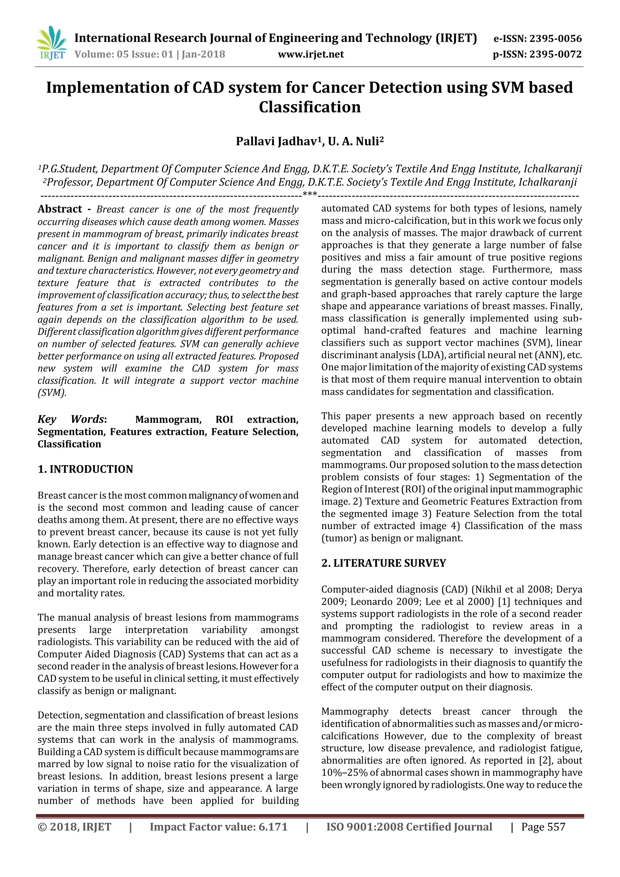 IRJET-Implementation of CAD system for Cancer Detection using SVM based ...