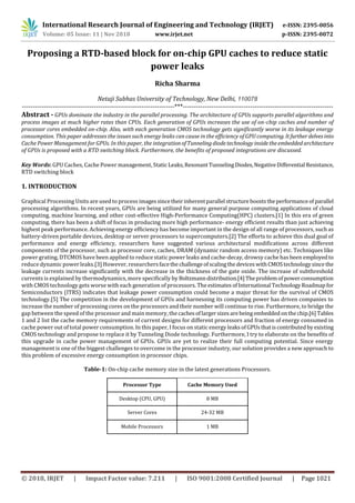 International Research Journal of Engineering and Technology (IRJET) e-ISSN: 2395-0056
Volume: 05 Issue: 11 | Nov 2018 www.irjet.net p-ISSN: 2395-0072
© 2018, IRJET | Impact Factor value: 7.211 | ISO 9001:2008 Certified Journal | Page 1021
Proposing a RTD-based block for on-chip GPU caches to reduce static
power leaks
Richa Sharma
Netaji Subhas University of Technology, New Delhi, 110078
----------------------------------------------------------------------***---------------------------------------------------------------------
Abstract - GPUs dominate the industry in the parallel processing. The architecture of GPUs supports parallel algorithms and
process images at much higher rates than CPUs. Each generation of GPUs increases the use of on-chip caches and number of
processor cores embedded on-chip. Also, with each generation CMOS technology gets significantly worse in its leakage energy
consumption. This paper addresses the issues such energy leaks can cause in the efficiency of GPU computing. Itfurtherdelvesinto
Cache Power Management for GPUs. In this paper, the integrationofTunnelingdiodetechnology insidetheembedded architecture
of GPUs is proposed with a RTD switching block. Furthermore, the benefits of proposed integrations are discussed.
Key Words: GPU Caches, Cache Power management, StaticLeaks,ResonantTunnelingDiodes,NegativeDifferential Resistance,
RTD switching block
1. INTRODUCTION
Graphical Processing Units are used to process imagessincetheirinherentparallel structurebooststheperformanceofparallel
processing algorithms. In recent years, GPUs are being utilized for many general purpose computing applications of cloud
computing, machine learning, and other cost-effective High-Performance Computing(HPC) clusters.[1] In this era of green
computing, there has been a shift of focus in producing more high performance- energy efficient results than just achieving
highest peak performance. Achieving energy efficiency has become important in the design of all range of processors, such as
battery-driven portable devices, desktop or server processors to supercomputers.[2] The efforts to achieve this dual goal of
performance and energy efficiency, researchers have suggested various architectural modifications across different
components of the processor, such as processor core, caches, DRAM (dynamic random access memory) etc. Techniques like
power grating, DTCMOS have been applied to reduce static power leaks and cache-decay, drowsy cache has been employedto
reduce dynamic power leaks.[3] However, researchersfacethechallengeofscalingthe devices withCMOStechnologysincethe
leakage currents increase significantly with the decrease in the thickness of the gate oxide. The increase of subthreshold
currents is explained by thermodynamics, more specifically by Boltzmanndistribution.[4]Theproblemofpowerconsumption
with CMOS technology gets worse with each generation of processors. Theestimates ofInternational Technology Roadmapfor
Semiconductors (ITRS) indicates that leakage power consumption could become a major threat for the survival of CMOS
technology.[5] The competition in the development of GPUs and harnessing its computing power has driven companies to
increase the number of processing cores on the processors and their number will continue to rise. Furthermore, to bridge the
gap between the speed of the processor and main memory, thecachesoflargersizesarebeingembeddedonthechip.[6]Tables
1 and 2 list the cache memory requirements of current designs for different processors and fraction of energy consumed in
cache power out of total power consumption. In this paper, I focus on static energy leaksofGPUsthatiscontributedbyexisting
CMOS technology and propose to replace it by Tunneling Diode technology. Furthermore, I try to elaborate on the benefits of
this upgrade in cache power management of GPUs. GPUs are yet to realize their full computing potential. Since energy
management is one of the biggest challenges to overcome in the processor industry, our solution provides a new approach to
this problem of excessive energy consumption in processor chips.
Table-1: On-chip cache memory size in the latest generations Processors.
Processor Type Cache Memory Used
Desktop (CPU, GPU) 8 MB
Server Cores 24-32 MB
Mobile Processors 1 MB
 