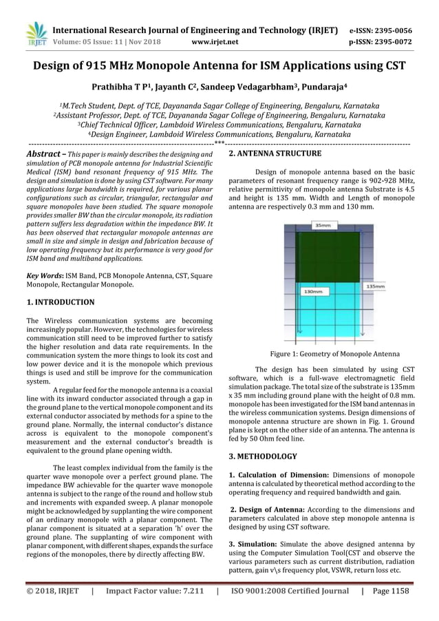 IRJET- Design of 915 MHz Monopole Antenna for ISM Applications using