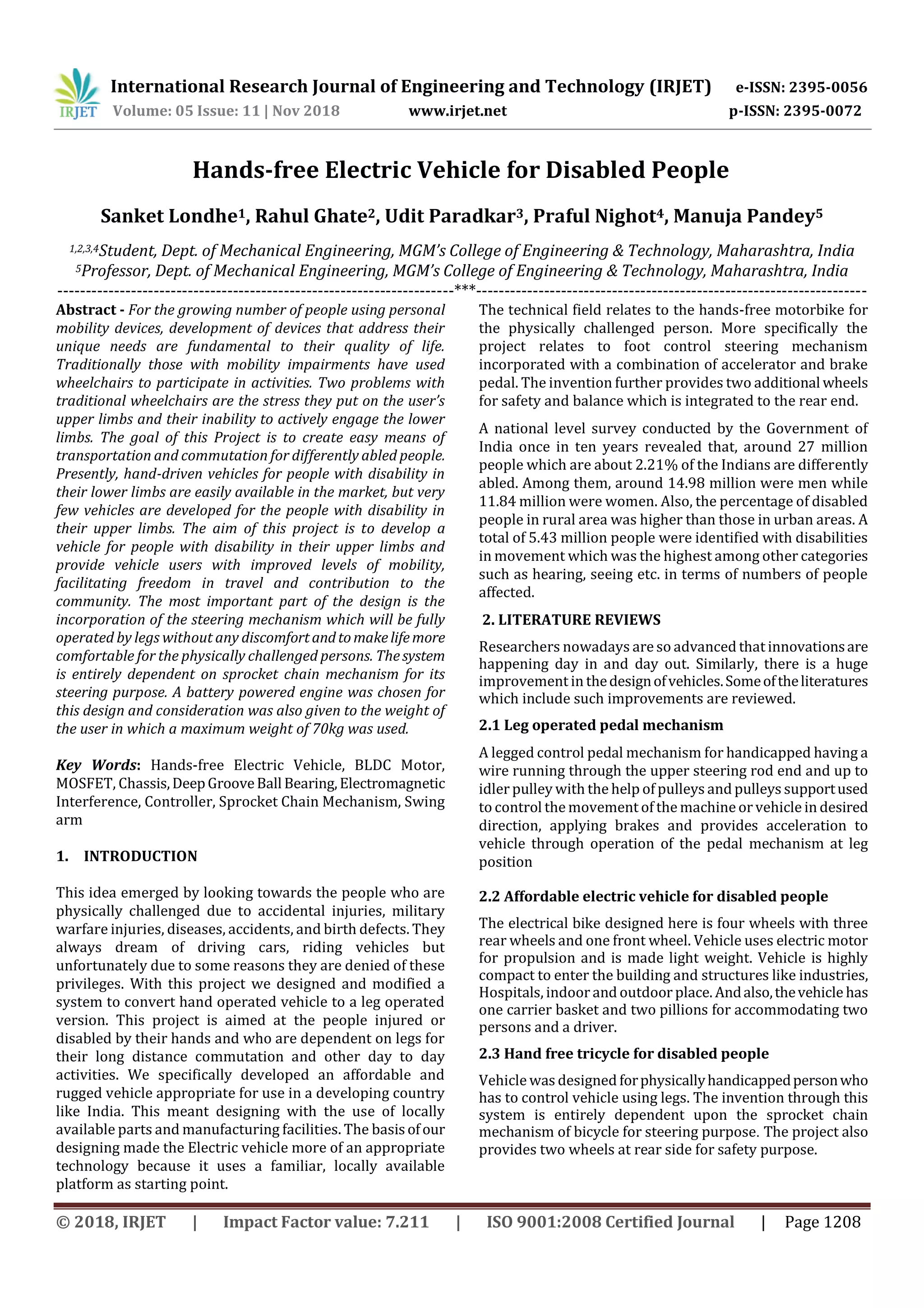 IRJET- Hands-Free Electric Vehicle for Disabled People | PDF