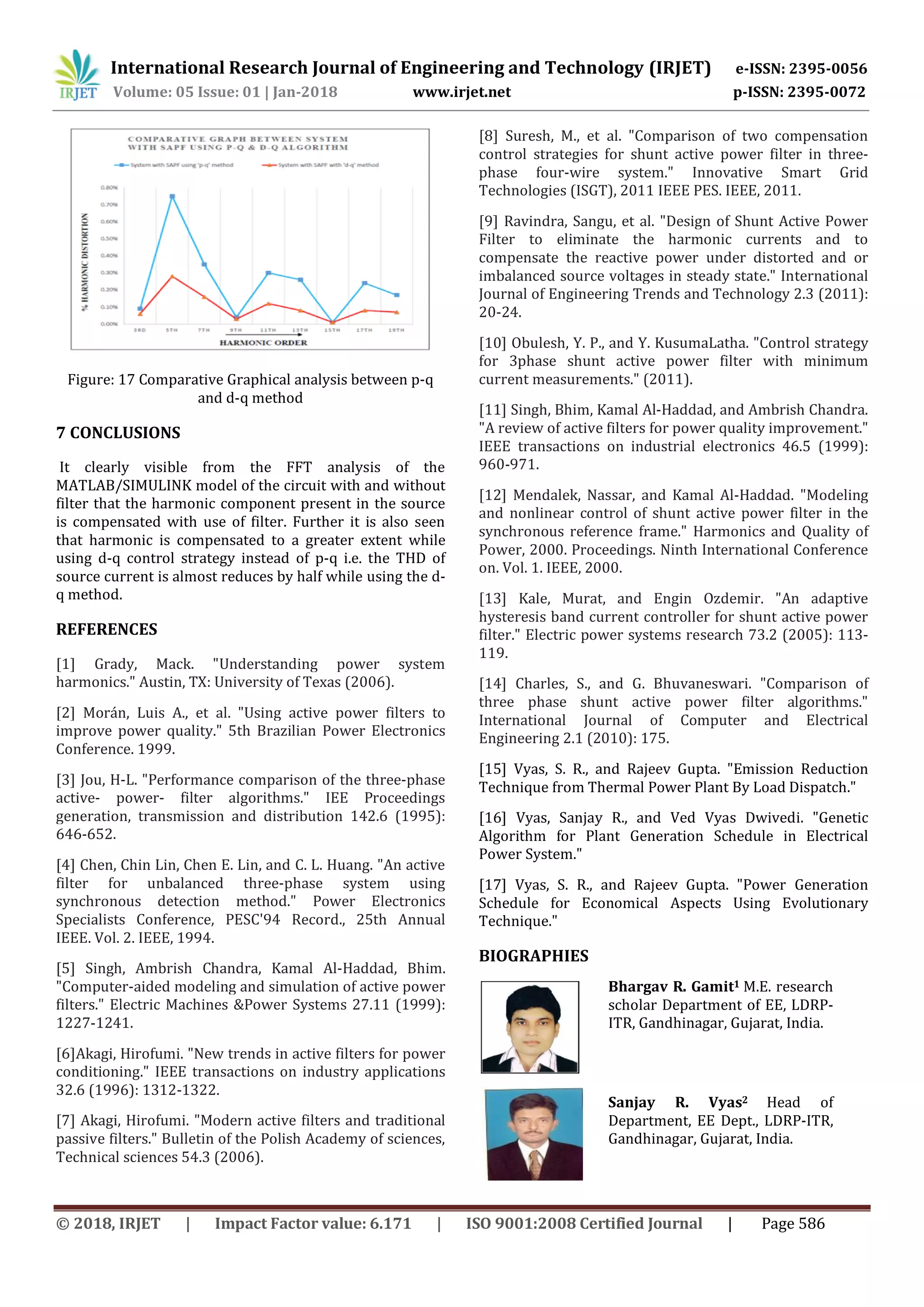 International Research Journal of Engineering and Technology (IRJET) e-ISSN: 2395-0056
Volume: 05 Issue: 01 | Jan-2018 www.irjet.net p-ISSN: 2395-0072
© 2018, IRJET | Impact Factor value: 6.171 | ISO 9001:2008 Certified Journal | Page 586
Figure: 17 Comparative Graphical analysis between p-q
and d-q method
7 CONCLUSIONS
It clearly visible from the FFT analysis of the
MATLAB/SIMULINK model of the circuit with and without
filter that the harmonic component present in the source
is compensated with use of filter. Further it is also seen
that harmonic is compensated to a greater extent while
using d-q control strategy instead of p-q i.e. the THD of
source current is almost reduces by half while using the d-
q method.
REFERENCES
[1] Grady, Mack. "Understanding power system
harmonics." Austin, TX: University of Texas (2006).
[2] Morán, Luis A., et al. "Using active power filters to
improve power quality." 5th Brazilian Power Electronics
Conference. 1999.
[3] Jou, H-L. "Performance comparison of the three-phase
active- power- filter algorithms." IEE Proceedings
generation, transmission and distribution 142.6 (1995):
646-652.
[4] Chen, Chin Lin, Chen E. Lin, and C. L. Huang. "An active
filter for unbalanced three-phase system using
synchronous detection method." Power Electronics
Specialists Conference, PESC'94 Record., 25th Annual
IEEE. Vol. 2. IEEE, 1994.
[5] Singh, Ambrish Chandra, Kamal Al-Haddad, Bhim.
"Computer-aided modeling and simulation of active power
filters." Electric Machines &Power Systems 27.11 (1999):
1227-1241.
[6]Akagi, Hirofumi. "New trends in active filters for power
conditioning." IEEE transactions on industry applications
32.6 (1996): 1312-1322.
[7] Akagi, Hirofumi. "Modern active filters and traditional
passive filters." Bulletin of the Polish Academy of sciences,
Technical sciences 54.3 (2006).
[8] Suresh, M., et al. "Comparison of two compensation
control strategies for shunt active power filter in three-
phase four-wire system." Innovative Smart Grid
Technologies (ISGT), 2011 IEEE PES. IEEE, 2011.
[9] Ravindra, Sangu, et al. "Design of Shunt Active Power
Filter to eliminate the harmonic currents and to
compensate the reactive power under distorted and or
imbalanced source voltages in steady state." International
Journal of Engineering Trends and Technology 2.3 (2011):
20-24.
[10] Obulesh, Y. P., and Y. KusumaLatha. "Control strategy
for 3phase shunt active power filter with minimum
current measurements." (2011).
[11] Singh, Bhim, Kamal Al-Haddad, and Ambrish Chandra.
"A review of active filters for power quality improvement."
IEEE transactions on industrial electronics 46.5 (1999):
960-971.
[12] Mendalek, Nassar, and Kamal Al-Haddad. "Modeling
and nonlinear control of shunt active power filter in the
synchronous reference frame." Harmonics and Quality of
Power, 2000. Proceedings. Ninth International Conference
on. Vol. 1. IEEE, 2000.
[13] Kale, Murat, and Engin Ozdemir. "An adaptive
hysteresis band current controller for shunt active power
filter." Electric power systems research 73.2 (2005): 113-
119.
[14] Charles, S., and G. Bhuvaneswari. "Comparison of
three phase shunt active power filter algorithms."
International Journal of Computer and Electrical
Engineering 2.1 (2010): 175.
[15] Vyas, S. R., and Rajeev Gupta. "Emission Reduction
Technique from Thermal Power Plant By Load Dispatch."
[16] Vyas, Sanjay R., and Ved Vyas Dwivedi. "Genetic
Algorithm for Plant Generation Schedule in Electrical
Power System."
[17] Vyas, S. R., and Rajeev Gupta. "Power Generation
Schedule for Economical Aspects Using Evolutionary
Technique."
BIOGRAPHIES
Bhargav R. Gamit1 M.E. research
scholar Department of EE, LDRP-
ITR, Gandhinagar, Gujarat, India.
Sanjay R. Vyas2 Head of
Department, EE Dept., LDRP-ITR,
Gandhinagar, Gujarat, India.
 