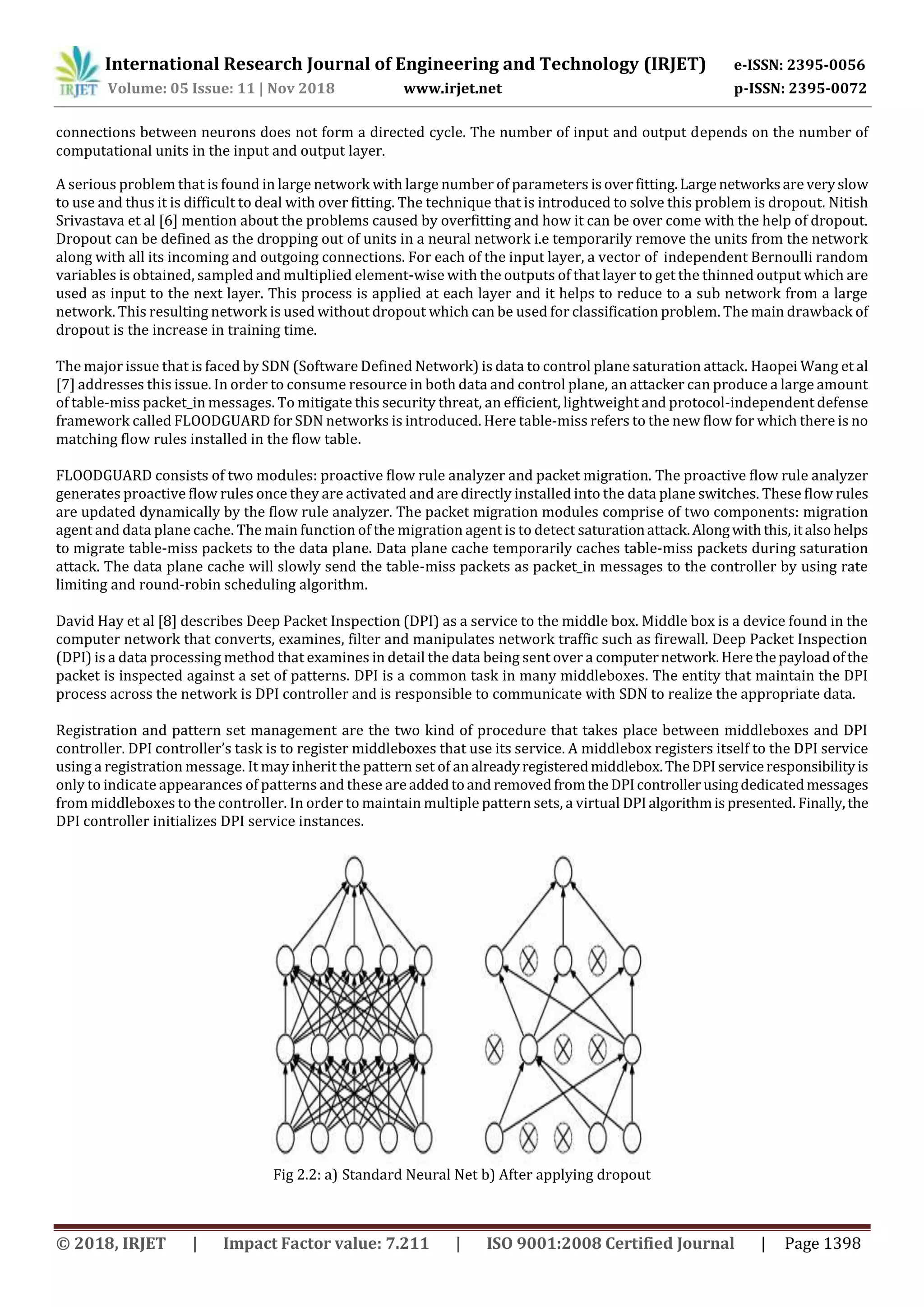 International Research Journal of Engineering and Technology (IRJET) e-ISSN: 2395-0056
Volume: 05 Issue: 11 | Nov 2018 www.irjet.net p-ISSN: 2395-0072
© 2018, IRJET | Impact Factor value: 7.211 | ISO 9001:2008 Certified Journal | Page 1398
connections between neurons does not form a directed cycle. The number of input and output depends on the number of
computational units in the input and output layer.
A serious problem that is found in large network with large number of parameters isoverfitting.Largenetworksare veryslow
to use and thus it is difficult to deal with over fitting. The technique that is introduced to solve this problem is dropout. Nitish
Srivastava et al [6] mention about the problems caused by overfitting and how it can be over come with the help of dropout.
Dropout can be defined as the dropping out of units in a neural network i.e temporarily remove the units from the network
along with all its incoming and outgoing connections. For each of the input layer, a vector of independent Bernoulli random
variables is obtained, sampled and multiplied element-wise with the outputs of that layer to get the thinned output which are
used as input to the next layer. This process is applied at each layer and it helps to reduce to a sub network from a large
network. This resulting network is used without dropout which can be used for classification problem. The main drawback of
dropout is the increase in training time.
The major issue that is faced by SDN (Software Defined Network) is data to control plane saturation attack. Haopei Wang et al
[7] addresses this issue. In order to consume resource in both data and control plane, an attacker can produce a large amount
of table-miss packet_in messages. To mitigate this security threat, an efﬁcient, lightweight and protocol-independent defense
framework called FLOODGUARD for SDN networks is introduced. Here table-miss refers to the new flow for which there is no
matching ﬂow rules installed in the ﬂow table.
FLOODGUARD consists of two modules: proactive ﬂow rule analyzer and packet migration. The proactive ﬂow rule analyzer
generates proactive flow rules once they are activated and are directly installed into the data plane switches. These flow rules
are updated dynamically by the flow rule analyzer. The packet migration modules comprise of two components: migration
agent and data plane cache. The main function of the migration agent is to detect saturationattack.Alongwiththis, italsohelps
to migrate table-miss packets to the data plane. Data plane cache temporarily caches table-miss packets during saturation
attack. The data plane cache will slowly send the table-miss packets as packet_in messages to the controller by using rate
limiting and round-robin scheduling algorithm.
David Hay et al [8] describes Deep Packet Inspection (DPI) as a service to the middle box. Middle box is a device found in the
computer network that converts, examines, filter and manipulates network traffic such as firewall. Deep Packet Inspection
(DPI) is a data processing method that examines in detail the data being sent over a computernetwork.Herethepayloadofthe
packet is inspected against a set of patterns. DPI is a common task in many middleboxes. The entity that maintain the DPI
process across the network is DPI controller and is responsible to communicate with SDN to realize the appropriate data.
Registration and pattern set management are the two kind of procedure that takes place between middleboxes and DPI
controller. DPI controller’s task is to register middleboxes that use its service. A middlebox registers itself to the DPI service
using a registration message. It may inherit the pattern set of analreadyregisteredmiddlebox.TheDPIserviceresponsibilityis
only to indicate appearances of patterns and these areaddedtoand removedfromthe DPIcontrollerusingdedicatedmessages
from middleboxes to the controller. In order to maintain multiple pattern sets, a virtual DPIalgorithmispresented. Finally,the
DPI controller initializes DPI service instances.
Fig 2.2: a) Standard Neural Net b) After applying dropout
 