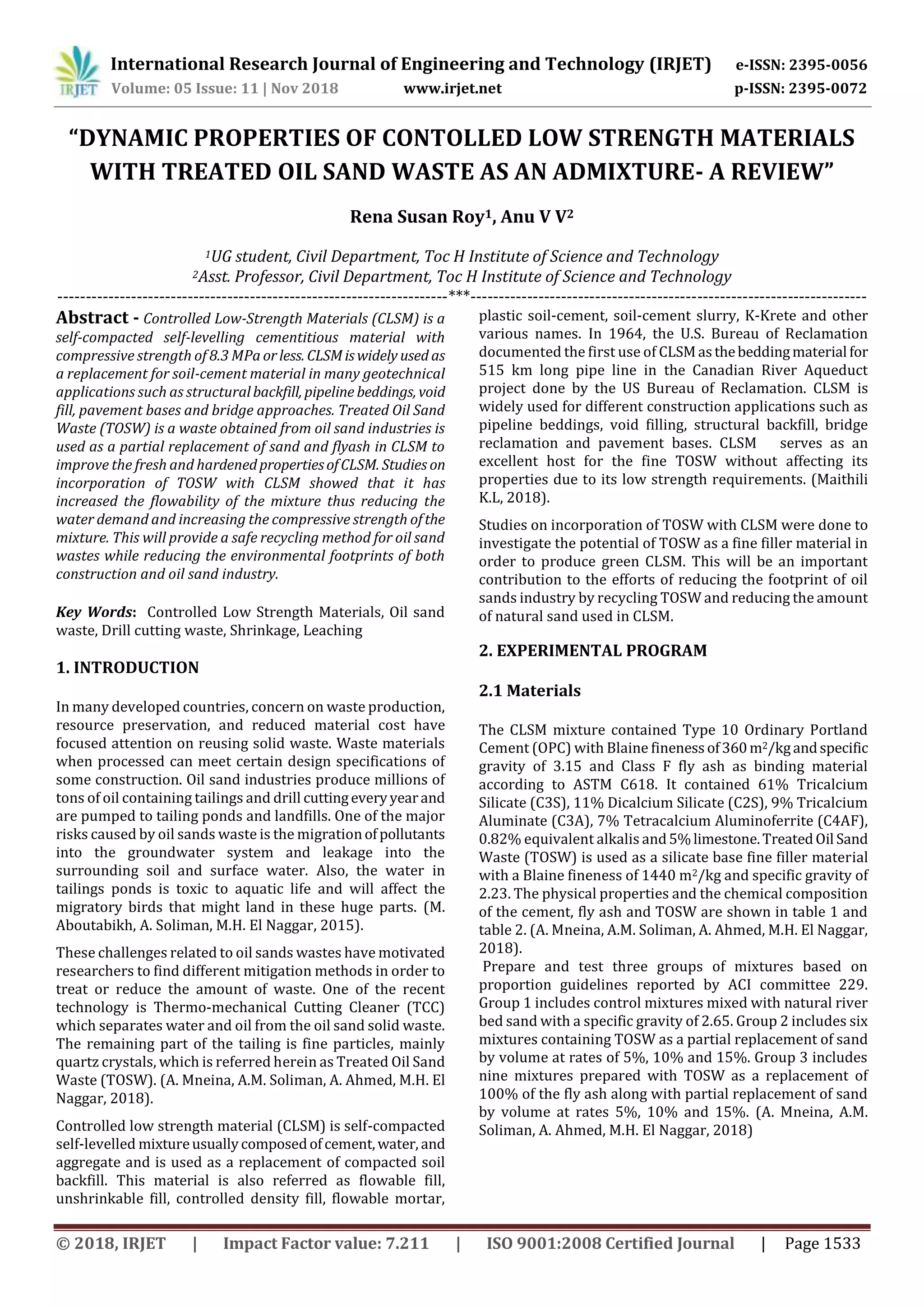 IRJET- Dynamic Properties of Contolled Low Strength Materials with ...