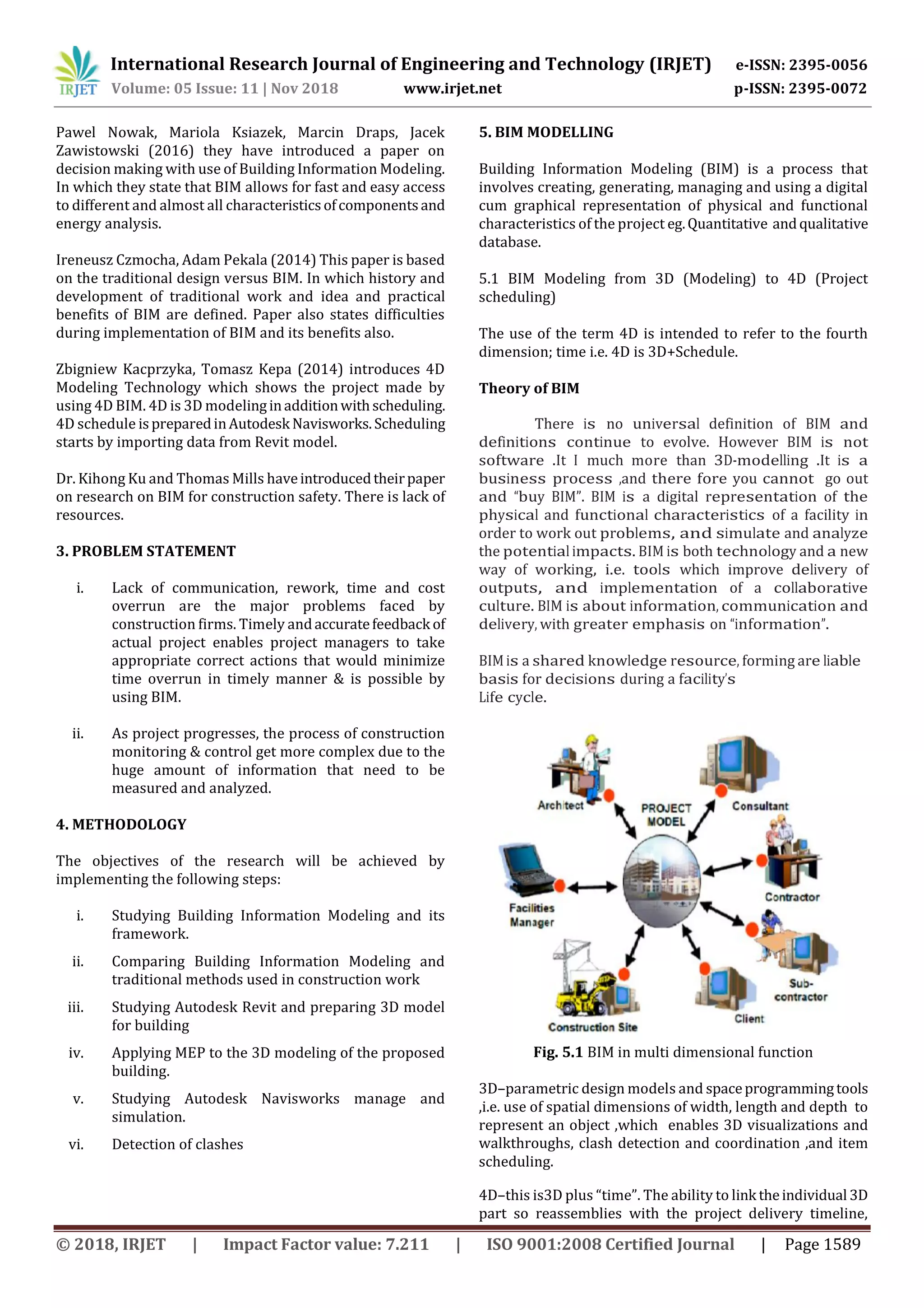 International Research Journal of Engineering and Technology (IRJET) e-ISSN: 2395-0056
Volume: 05 Issue: 11 | Nov 2018 www.irjet.net p-ISSN: 2395-0072
© 2018, IRJET | Impact Factor value: 7.211 | ISO 9001:2008 Certified Journal | Page 1589
Pawel Nowak, Mariola Ksiazek, Marcin Draps, Jacek
Zawistowski (2016) they have introduced a paper on
decision making with use of Building Information Modeling.
In which they state that BIM allows for fast and easy access
to different and almost all characteristicsofcomponentsand
energy analysis.
Ireneusz Czmocha, Adam Pekala (2014) This paper is based
on the traditional design versus BIM. In which history and
development of traditional work and idea and practical
benefits of BIM are defined. Paper also states difficulties
during implementation of BIM and its benefits also.
Zbigniew Kacprzyka, Tomasz Kepa (2014) introduces 4D
Modeling Technology which shows the project made by
using 4D BIM. 4D is 3D modelinginadditionwithscheduling.
4D schedule ispreparedinAutodesk Navisworks.Scheduling
starts by importing data from Revit model.
Dr. Kihong Ku and Thomas Mills haveintroducedtheirpaper
on research on BIM for construction safety. There is lack of
resources.
3. PROBLEM STATEMENT
i. Lack of communication, rework, time and cost
overrun are the major problems faced by
construction firms. Timely andaccuratefeedback of
actual project enables project managers to take
appropriate correct actions that would minimize
time overrun in timely manner & is possible by
using BIM.
ii. As project progresses, the process of construction
monitoring & control get more complex due to the
huge amount of information that need to be
measured and analyzed.
4. METHODOLOGY
The objectives of the research will be achieved by
implementing the following steps:
i. Studying Building Information Modeling and its
framework.
ii. Comparing Building Information Modeling and
traditional methods used in construction work
iii. Studying Autodesk Revit and preparing 3D model
for building
iv. Applying MEP to the 3D modeling of the proposed
building.
v. Studying Autodesk Navisworks manage and
simulation.
vi. Detection of clashes
There is no universal definition of BIM and
definitions continue to evolve. However BIM is not
software .It I much more than 3D-modelling .It is a
business process ,and there fore you cannot go out
and “buy BIM”. BIM is a digital representation of the
physical and functional characteristics of a facility in
order to work out problems, and simulate and analyze
the potential impacts. BIM is both technology and a new
way of working, i.e. tools which improve delivery of
outputs, and implementation of a collaborative
culture. BIM is about information, communication and
delivery, with greater emphasis on “information”.
BIM is a shared knowledge resource, forming are liable
basis for decisions during a facility’s
Life cycle.
Fig. 5.1 BIM in multi dimensional function
3D–parametric design models and spaceprogrammingtools
,i.e. use of spatial dimensions of width, length and depth to
represent an object ,which enables 3D visualizations and
walkthroughs, clash detection and coordination ,and item
scheduling.
4D–this is3D plus “time”. The ability to link theindividual 3D
part so reassemblies with the project delivery timeline,
5. BIM MODELLING
Building Information Modeling (BIM) is a process that
involves creating, generating, managing and using a digital
cum graphical representation of physical and functional
characteristics of the project eg.Quantitative andqualitative
database.
5.1 BIM Modeling from 3D (Modeling) to 4D (Project
scheduling)
The use of the term 4D is intended to refer to the fourth
dimension; time i.e. 4D is 3D+Schedule.
Theory of BIM
 