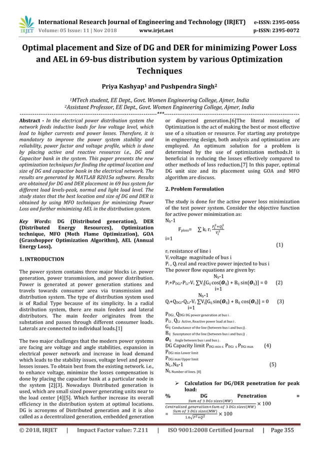 IRJET- Optimal Placement and Size of DG and DER for Minimizing Power ...
