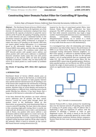 International Research Journal of Engineering and Technology (IRJET) e-ISSN: 2395-0056
Volume: 05 Issue: 12 | Dec 2018 www.irjet.net p-ISSN: 2395-0072
© 2018, IRJET | Impact Factor value: 7.211 | ISO 9001:2008 Certified Journal | Page 7
Constructing Inter Domain Packet Filter for Controlling IP Spoofing
Madhuri Ghorpade
Student, Dept. of Computer Science, California State University Sacramento, California, USA
---------------------------------------------------------------------***---------------------------------------------------------------------
Abstract - The Distributed Denial-of-Service (DDoS) attack
is always been a serious threat to the legitimate use of the
Internet. All impediment mechanisms employed have been
prevented by the capacity of attackers to spoof the source
address of the IP packet. By applying IP Spoofing, attackers
can evade detection and put a substantial burden on the
destination network for policing attack packets. An Inter
Domain Packet Filter (IDPF) architecture is proposed to
reduce the extent of IP spoofing on the internet. IDPF does
not require global routing information. It is constructed
based on the information implicit in Border Gateway
Protocol (BGP) route update, and then they are deployed in
network border routers. The conditions under which the
IDPF discards packets with spoofed source address and
allows packets with valid source addresses is established.
Extensive simulation studies states that even with partial
deployment on the internet, IDPFs can limit the spoofing
capability of attackers. Further, they can help localize the
source of an attack packet to a small number of candidate
networks.
Key Words: IP Spoofing, IDPF, DDoS, BGP, legitimate
use.
1. INTRODUCTION
Distributed Denial of Service (DDoS) attacks pose an
increasingly grave threat to the Internet, as evidenced by
recent DDoS attacks mounted on both popular Internet
sites and the Internet infrastructure [1]. IP spoofing is one
of the factors that complicates the mechanisms of policing
such attacks, the act of forging the source addresses in IP
packets. Attackers hide its actual identity and location by
masquerading as a different host, rendering source-based
packet filtering less effective. It has been shown that a
large part of the Internet is vulnerable to IP spoofing [3].
It has been observed that attackers can insert arbitrary
source addresses into IP packets, but they cannot,
however, control the actual paths through which the
packets travel to the destination. Based on this
observation, we proposed the route-based packet filters as
a way to control IP spoofing. The basic idea in this scheme
is that, assuming single-path routing, there is exactly one
single path p(s, d) between source node s and destination
node d. Hence, any packets with source address s and
destination address d that appear in a router not in p(s, d)
should be discarded. However, constructing a specific
route-based packet filter in a node requires the knowledge
of global routing decisions made by all the other nodes in
the network, which is hard to reconcile on the current
BGP-based Internet routing infrastructure [5].
Inspired by the idea of route-based packet filters, Inter
Domain Packet Filter (IDPF) architecture has been
proposed. The IDPF architecture takes advantage of the
fact that while network connectivity may imply a large
number of potential paths between source and destination
domains, commercial relationships between
ASes(Autonomous System) act to restrict to a much
smaller set, the number of feasible paths that can be used
to carry traffic from the source to the destination[7].
It is investigated how other AS relationship and routing
information may help further improve the performance of
IDPFs in our future work. The system shows that locally
exchanged routing information between neighbors, i.e.,
BGP route updates, is sufficient to identify feasible paths
and construct IDPFs, assuming all ASes on the Internet
employ a set of routing policies that are commonly used
today [15, 10]. Like route-based packet filters [4], the
proposed IDPFs cannot stop all spoofed packets. However,
when spoofed packets are not filtered out, IDPFs can help
localize the origin of attack packets to a small set of ASes,
which can significantly improve the IP traceback situation
[ 5].
Fig -1: Intruder in communication
Internet Protocol (IP) is a basic protocol for transferring
data over the Internet network. IP spoofing is the method
of creating an IP packet using a fake IP address that is
duplicating a legal and legitimate IP address with the
intention of attacking a network in order to gain
illegitimate access. The attack is based on the fact that
origination address is generally ignored by routers while
handling internet connection between distant computers.
Routers finds the best route by examining the destination
address.
Trusted Node Victim
 