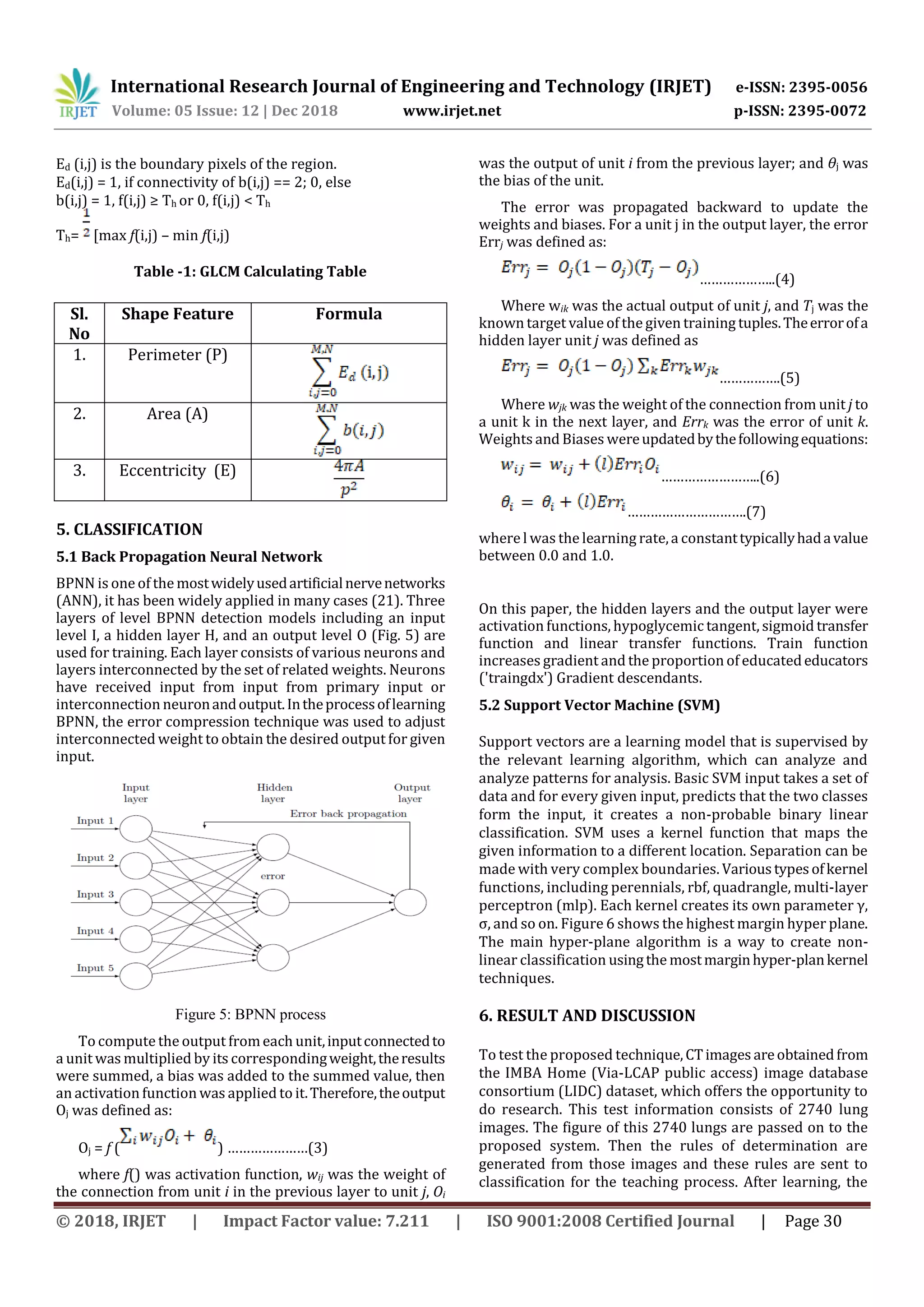 International Research Journal of Engineering and Technology (IRJET) e-ISSN: 2395-0056
Volume: 05 Issue: 12 | Dec 2018 www.irjet.net p-ISSN: 2395-0072
© 2018, IRJET | Impact Factor value: 7.211 | ISO 9001:2008 Certified Journal | Page 30
Ed (i,j) is the boundary pixels of the region.
Ed(i,j) = 1, if connectivity of b(i,j) == 2; 0, else
b(i,j) = 1, f(i,j) ≥ Th or 0, f(i,j) < Th
Th= [max f(i,j) – min f(i,j)
Table -1: GLCM Calculating Table
Sl.
No
Shape Feature Formula
1. Perimeter (P)
2. Area (A)
3. Eccentricity (E)
5. CLASSIFICATION
5.1 Back Propagation Neural Network
BPNN is one of the mostwidelyusedartificialnervenetworks
(ANN), it has been widely applied in many cases (21). Three
layers of level BPNN detection models including an input
level I, a hidden layer H, and an output level O (Fig. 5) are
used for training. Each layer consists of various neurons and
layers interconnected by the set of related weights. Neurons
have received input from input from primary input or
interconnection neuronandoutput.Intheprocessoflearning
BPNN, the error compression technique was used to adjust
interconnected weight to obtain the desired output for given
input.
Figure 5: BPNN process
To compute the output fromeach unit,inputconnectedto
a unit was multiplied by its correspondingweight,theresults
were summed, a bias was added to the summed value, then
an activation function was applied to it.Therefore,theoutput
Oj was defined as:
Oj = f ( ) …………………(3)
where f() was activation function, wij was the weight of
the connection from unit i in the previous layer to unit j, Oi
was the output of unit i from the previous layer; and θj was
the bias of the unit.
The error was propagated backward to update the
weights and biases. For a unit j in the output layer, the error
Errj was defined as:
………………..(4)
Where wik was the actual output of unit j, and Tj was the
known target value of the given training tuples.Theerrorofa
hidden layer unit j was defined as
…………….(5)
Where wjk was the weight of the connection from unit j to
a unit k in the next layer, and Errk was the error of unit k.
Weights and Biases wereupdatedbythefollowingequations:
……………………..(6)
………………………….(7)
where l was the learning rate,a constanttypicallyhadavalue
between 0.0 and 1.0.
On this paper, the hidden layers and the output layer were
activation functions, hypoglycemic tangent, sigmoid transfer
function and linear transfer functions. Train function
increases gradient and the proportion of educatededucators
('traingdx') Gradient descendants.
5.2 Support Vector Machine (SVM)
Support vectors are a learning model that is supervised by
the relevant learning algorithm, which can analyze and
analyze patterns for analysis. Basic SVM input takes a set of
data and for every given input, predicts that the two classes
form the input, it creates a non-probable binary linear
classification. SVM uses a kernel function that maps the
given information to a different location. Separation can be
made with very complex boundaries. Varioustypesofkernel
functions, including perennials, rbf, quadrangle, multi-layer
perceptron (mlp). Each kernel creates its own parameter γ,
σ, and so on. Figure 6 shows the highest margin hyper plane.
The main hyper-plane algorithm is a way to create non-
linear classification usingthe mostmarginhyper-plankernel
techniques.
6. RESULT AND DISCUSSION
To test the proposed technique,CTimages areobtainedfrom
the IMBA Home (Via-LCAP public access) image database
consortium (LIDC) dataset, which offers the opportunity to
do research. This test information consists of 2740 lung
images. The figure of this 2740 lungs are passed on to the
proposed system. Then the rules of determination are
generated from those images and these rules are sent to
classification for the teaching process. After learning, the
 