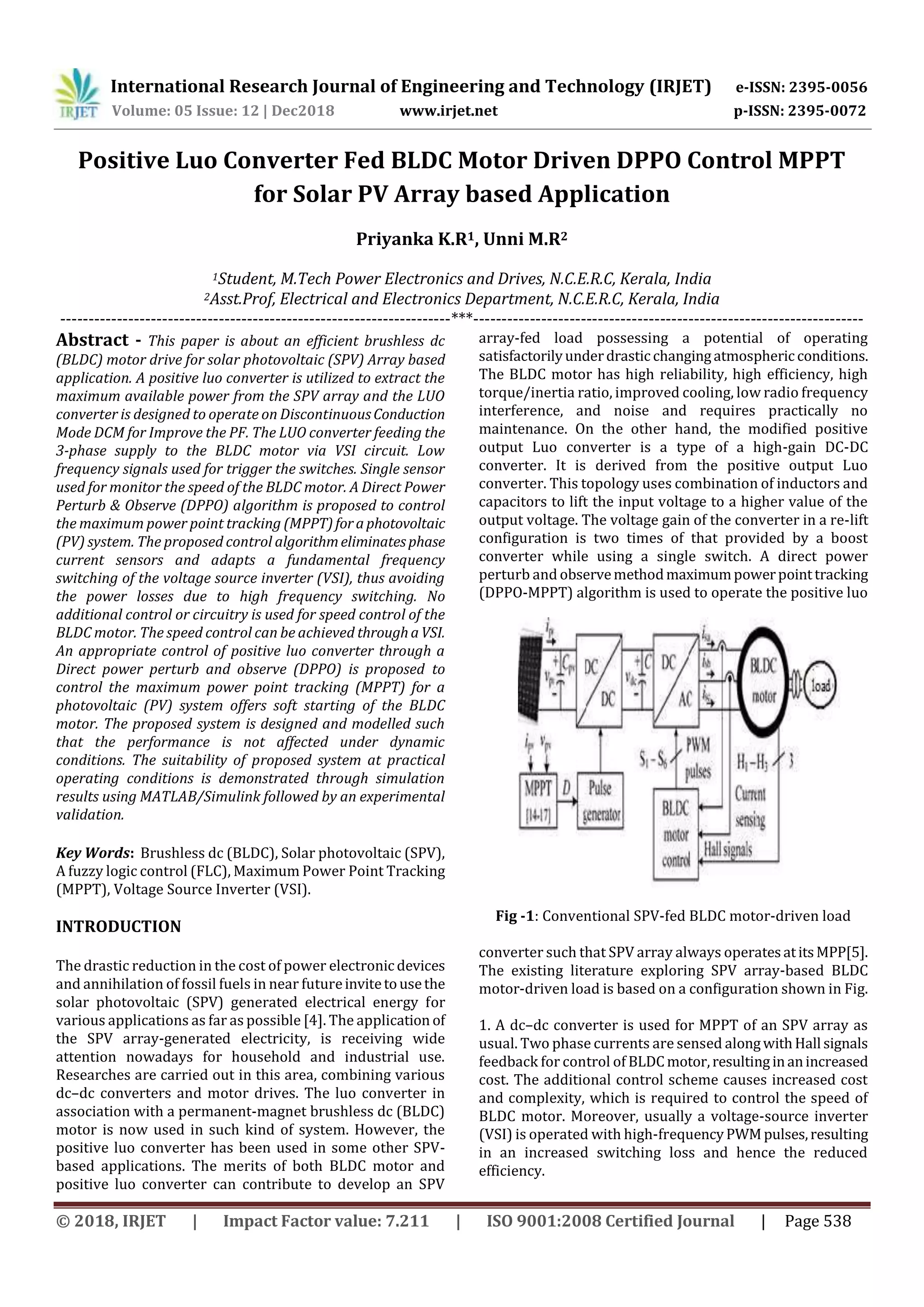 IRJET Positive Luo Converter Fed BLDC Motor Driven DPPO Control MPPT