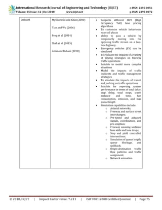 International Research Journal of Engineering and Technology (IRJET) e-ISSN: 2395-0056
Volume: 05 Issue: 12 | Dec 2018 www.irjet.net p-ISSN: 2395-0072
© 2018, IRJET | Impact Factor value: 7.211 | ISO 9001:2008 Certified Journal | Page 75
CORSIM Mystkowski and Khan (2000)
Tian and Wu (2006)
Feng et al. (2014)
Shah et al. (2015)
Azlanand Rohani (2018)
 Supports different HOT (High
Occupancy Toll) lane pricing
algorithms
 To customize vehicle behaviours
near toll plazas
 ability to pass a vehicle by
temporarily moving into the
opposing traffic stream on a two-
lane highway.
 Emergency vehicles (EV) can be
simulated
 To evaluate the impacts of a variety
of pricing strategies on freeway
traffic operations
 Suitable to model more complex
situations
 Model the impacts of traffic
incidents and traffic management
strategies
 To simulate the impacts of transit
and parking on traffic operations
 Suitable for reporting system
performance in terms of total delay,
stop delay, total stops, travel
distance and time, fuel
consumption, emission, and max
queue length
 Simulation capabilities include:
o Arterial networks;
o Freeway and surface street
interchanges;
o Pre-timed and actuated
signals, coordination, and
pre-emption;
o Freeway weaving sections,
lane adds and lane drops;
o Stop and yield controlled
intersections;
o Simulation of queue length,
queue blockage, and
spillback;
o Origin-destination traffic
flow patterns and traffic
assignment;
o Network animation
 