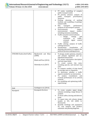 International Research Journal of Engineering and Technology (IRJET) e-ISSN: 2395-0056
Volume: 05 Issue: 12 | Dec 2018 www.irjet.net p-ISSN: 2395-0072
© 2018, IRJET | Impact Factor value: 7.211 | ISO 9001:2008 Certified Journal | Page 80
 PT nodes: modelling of complex
public transport nodes
 PT priority schemes: analysis of
public transport prioritization
measures
 Parking: planning of parking
facilities and modelling of parking-
related traffic
 Rail transport: performance
analyses of rail transport systems
 Environmental impact:
environmental impact studies,
including emissions modelling
 Traffic-actuated control schemes:
o design, testing and
evaluation of traffic-
actuated signal control
systems
 Traffic calming: analysis of traffic
calming measures
 Visualization: visualization of
planning alternatives to support the
political decision-making process
SYNCHRO Studio (SimTraffic) Mystkowski and Khan
(2000)
Khaki and Pour (2014)
Udomsilp et al. (2017)
 To design, model, optimize, simulate,
and animate signalized and un-
signalized intersection
 For project information description
and note input fields
 To create custom trip rates,
including pass-by and internal trip
rates
 To compare number of trips based
on average rates vs. Equations
 To determine whether a traffic
signal is needed for an intersection.
 To analyse roundabouts and
evaluate performance of an arterial
network
 For modelling and optimizing traffic
signal timing
Atak Gundogan et al. (2014)
Keysignals Keysignals Brochure  To create complex signal design
schemes including a large library of
symbols
 To draw cables, ducting and detector
loops
 To export data rich scheme design
models to IFC, GIS (SHP) or
Navisworks
 Quantify markings and equipment
for cost analysis and produce
schematic and phasing diagrams
 